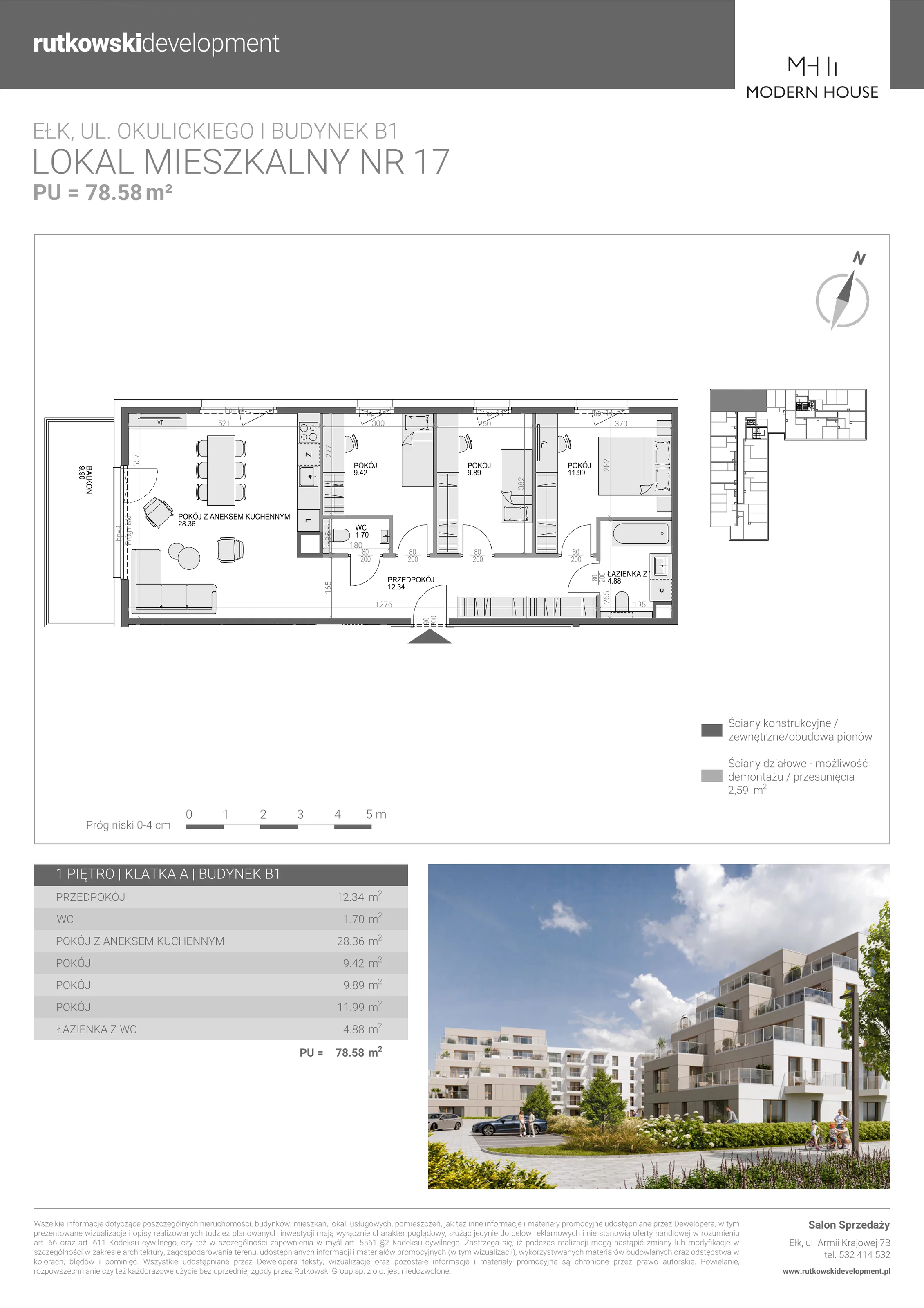 3 pokoje, mieszkanie 65,04 m², piętro 1, oferta nr M-18, Modern House 2, Ełk, Konieczki, ul. Gen. Leopolda Okulickiego 8