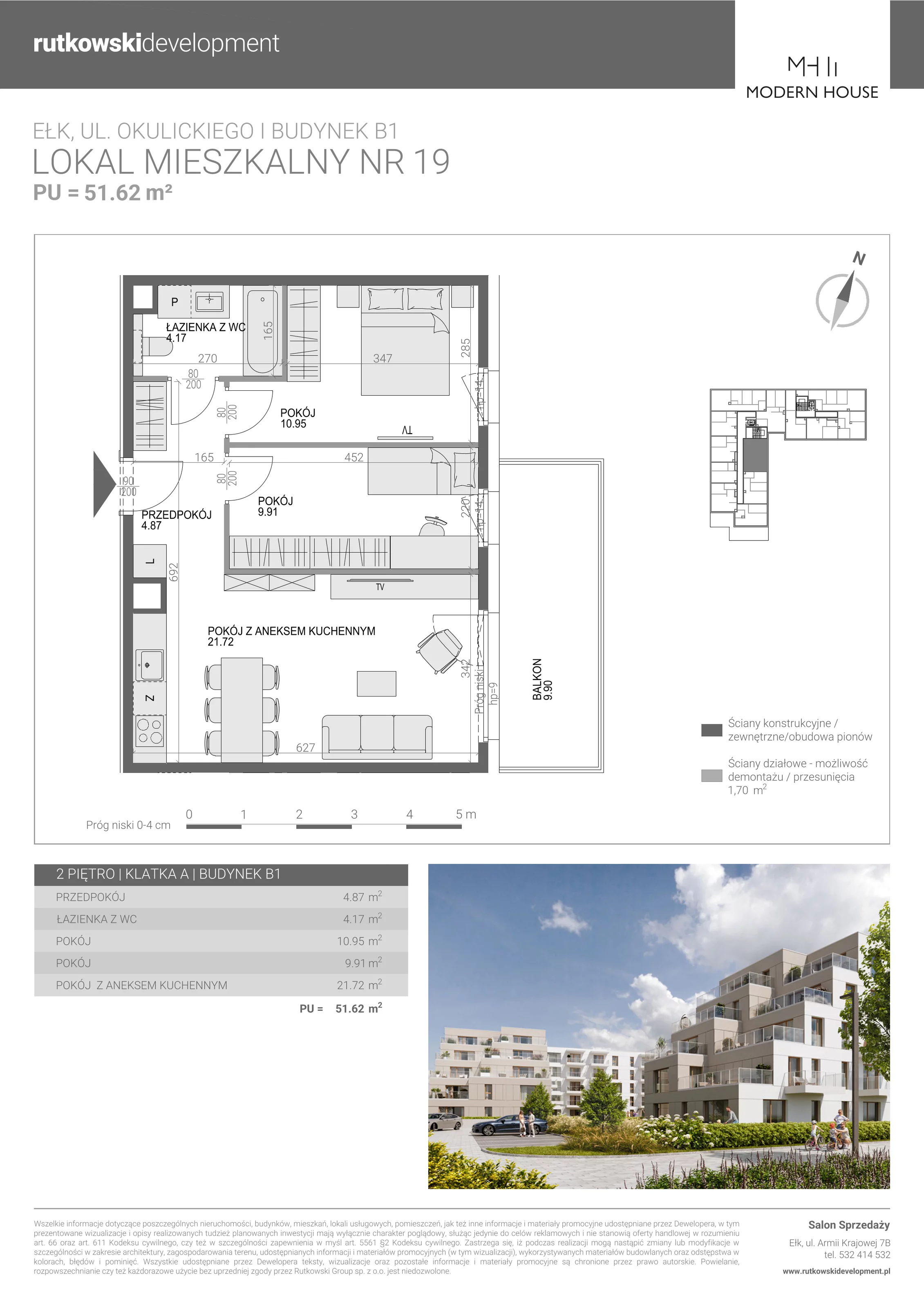 3 pokoje, mieszkanie 51,62 m², piętro 2, oferta nr M-19, Modern House 2, Ełk, Konieczki, ul. Gen. Leopolda Okulickiego 8