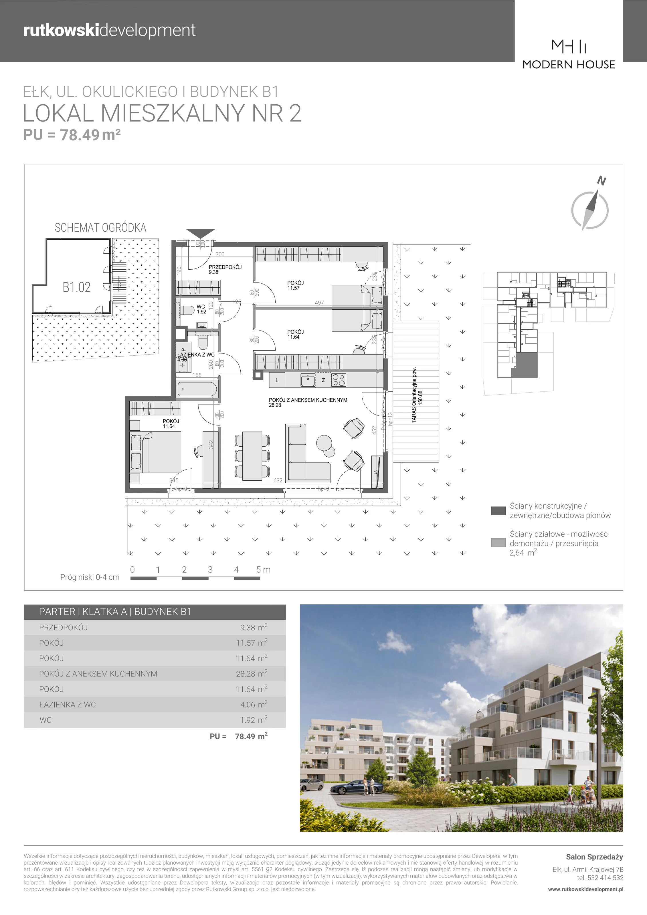 4 pokoje, mieszkanie 78,49 m², parter, oferta nr M-2, Modern House 2, Ełk, Konieczki, ul. Gen. Leopolda Okulickiego 8