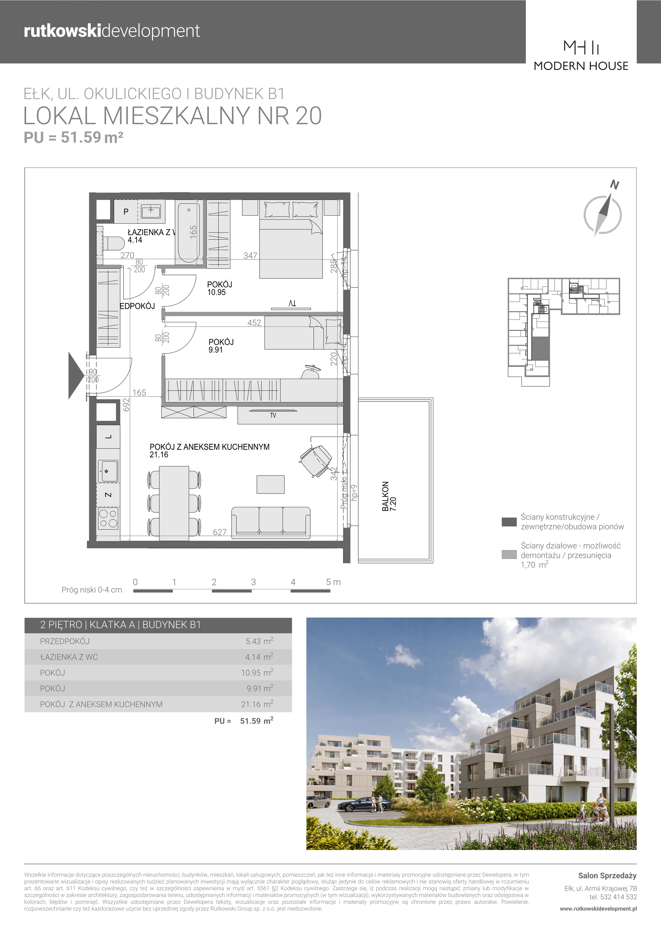 3 pokoje, mieszkanie 51,59 m², piętro 2, oferta nr M-20, Modern House 2, Ełk, Konieczki, ul. Gen. Leopolda Okulickiego 8
