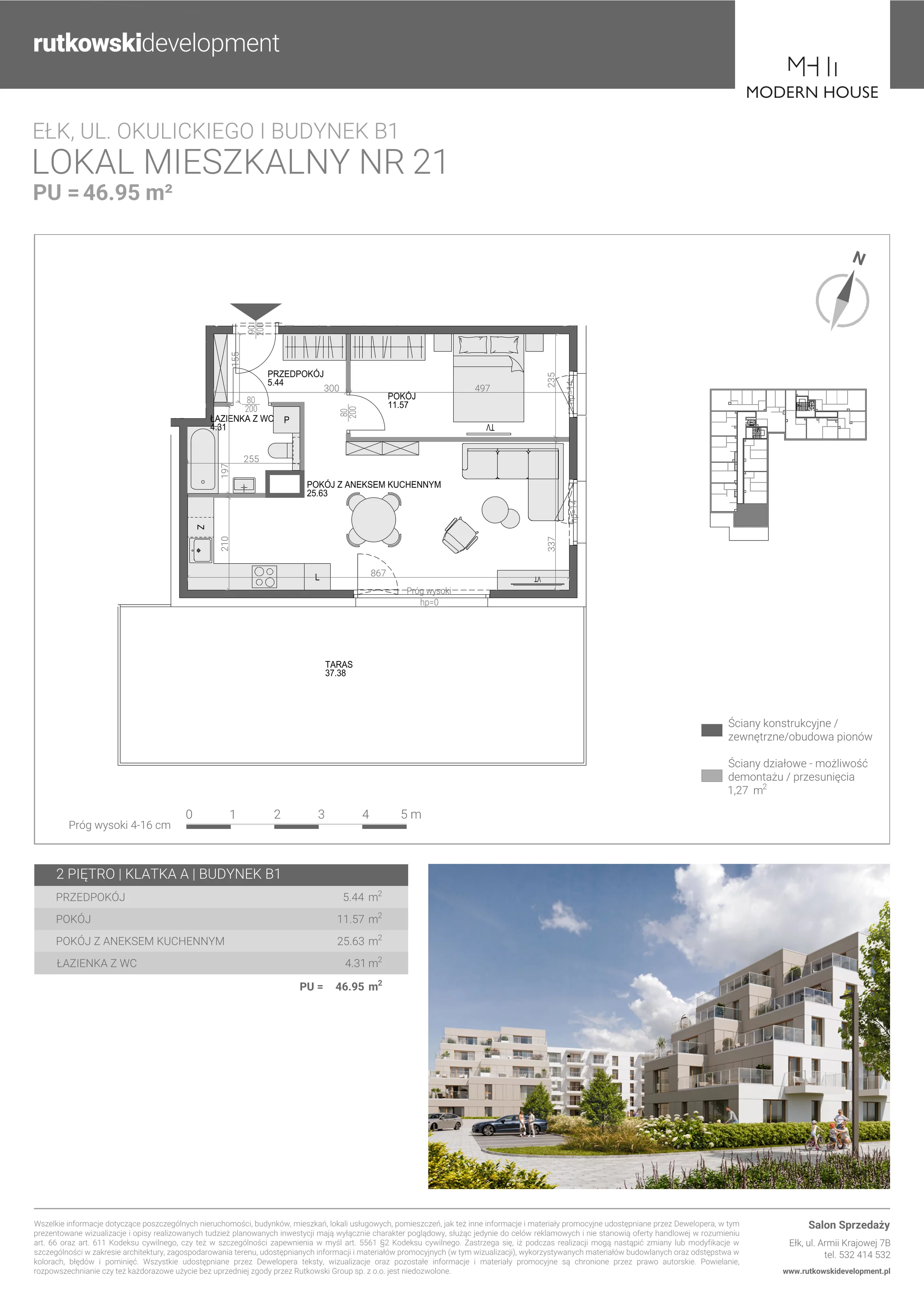 2 pokoje, mieszkanie 46,95 m², piętro 2, oferta nr M-21, Modern House 2, Ełk, Konieczki, ul. Gen. Leopolda Okulickiego 8