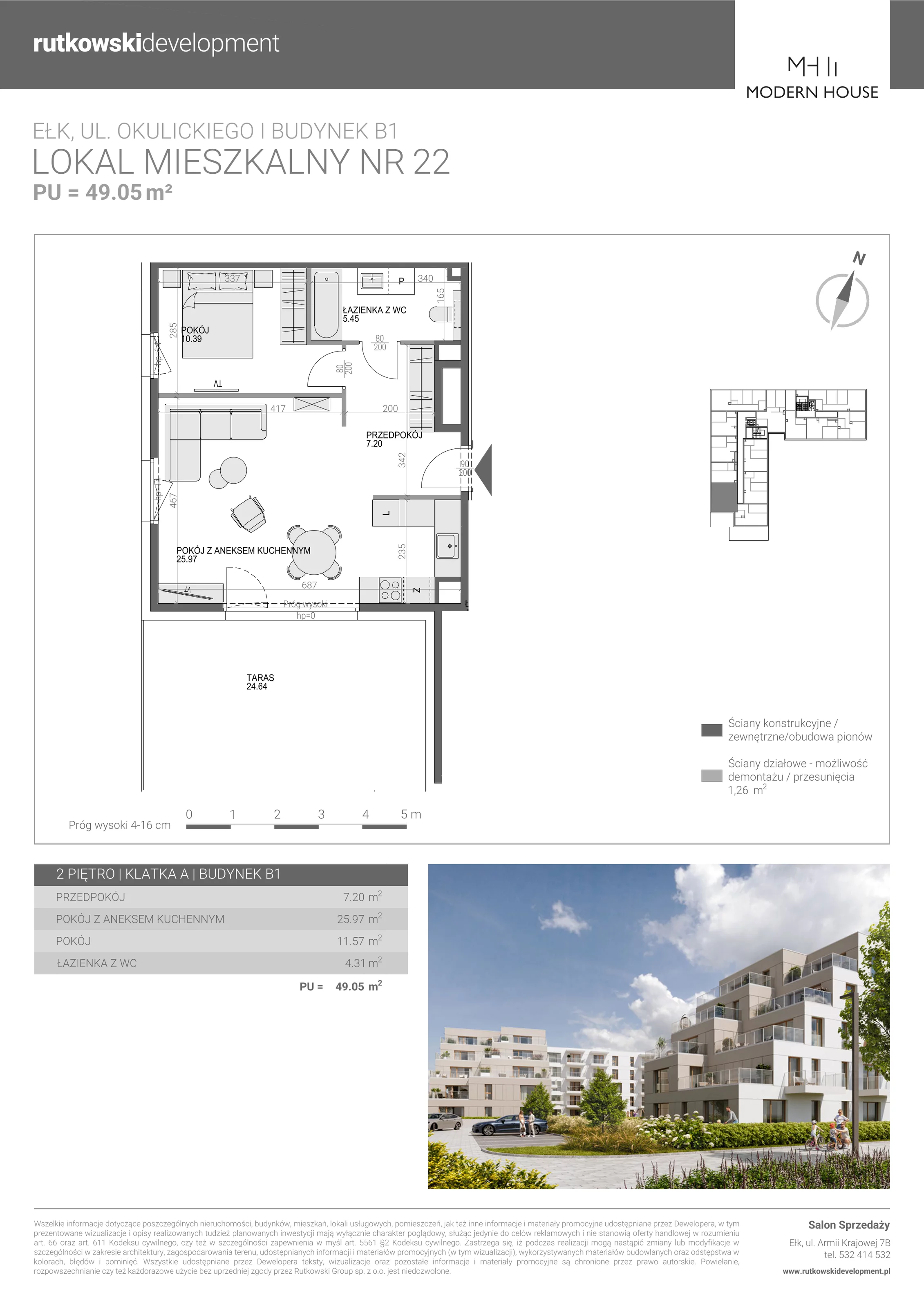 2 pokoje, mieszkanie 49,01 m², piętro 2, oferta nr M-22, Modern House 2, Ełk, Konieczki, ul. Gen. Leopolda Okulickiego 8
