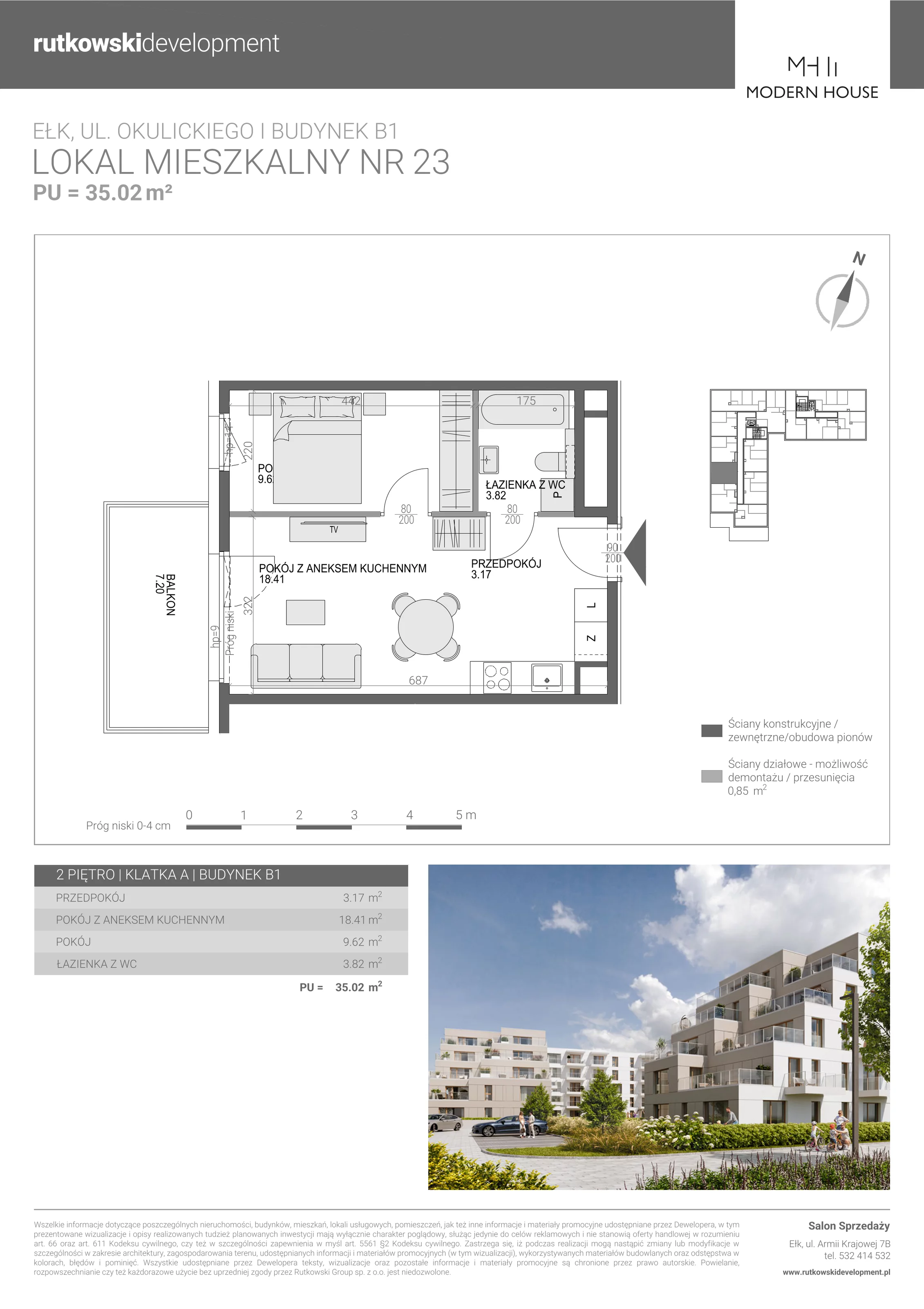 2 pokoje, mieszkanie 35,02 m², piętro 2, oferta nr M-23, Modern House 2, Ełk, Konieczki, ul. Gen. Leopolda Okulickiego 8