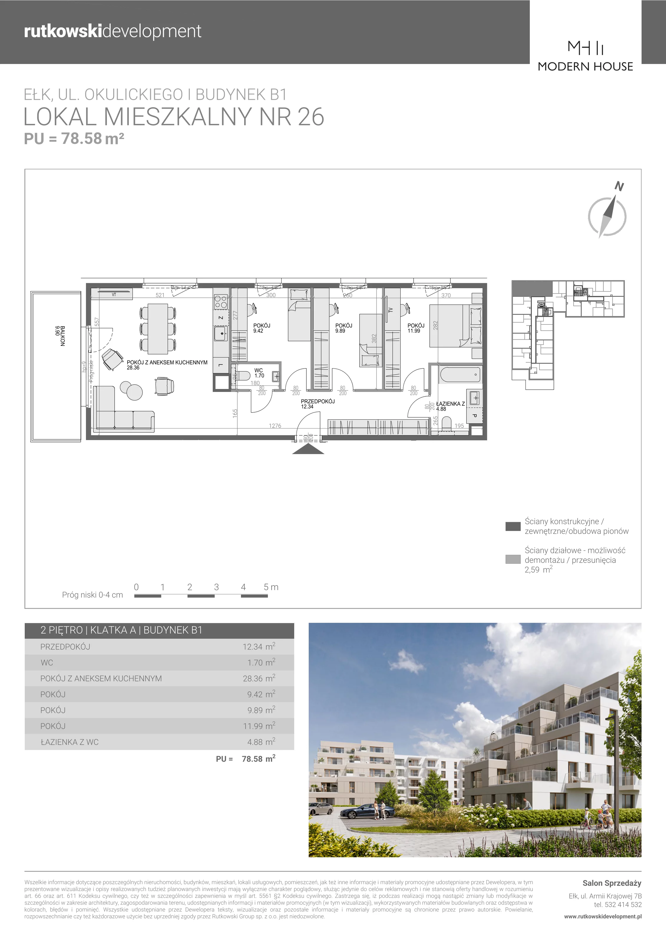 4 pokoje, mieszkanie 78,58 m², piętro 2, oferta nr M-26, Modern House 2, Ełk, Konieczki, ul. Gen. Leopolda Okulickiego 8