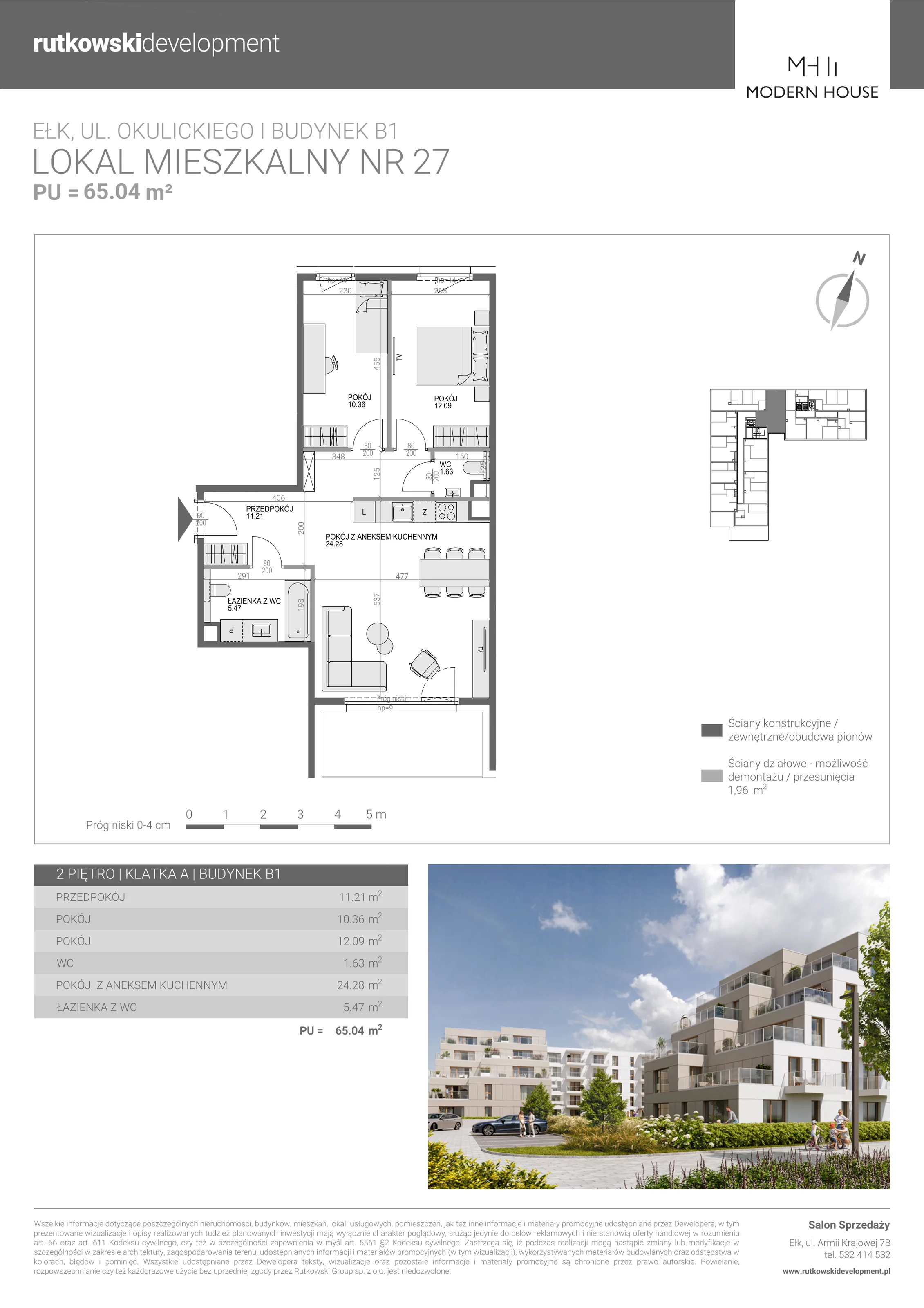 3 pokoje, mieszkanie 65,04 m², piętro 2, oferta nr M-27, Modern House 2, Ełk, Konieczki, ul. Gen. Leopolda Okulickiego 8
