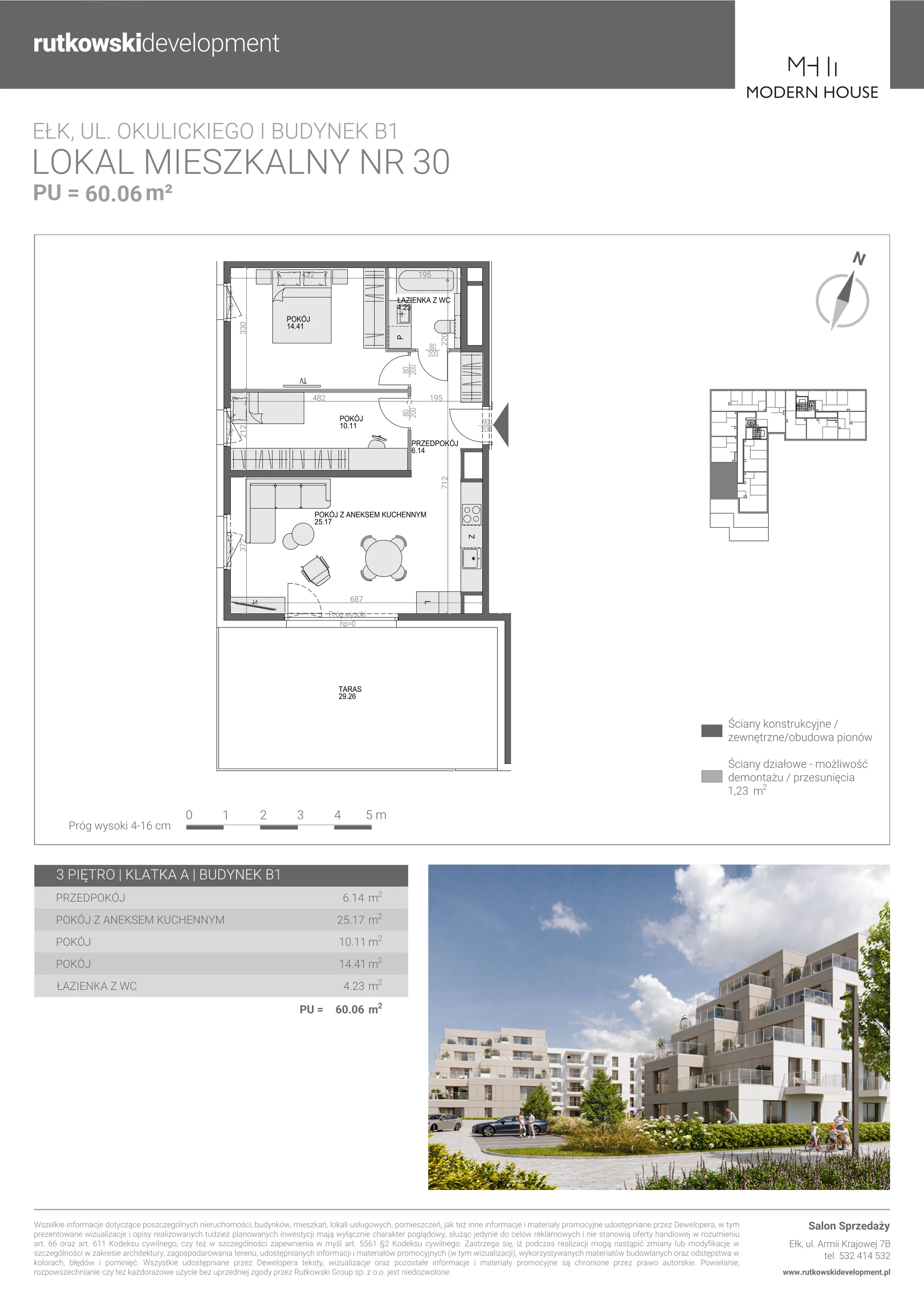 3 pokoje, mieszkanie 60,06 m², piętro 3, oferta nr M-30, Modern House 2, Ełk, Konieczki, ul. Gen. Leopolda Okulickiego 8
