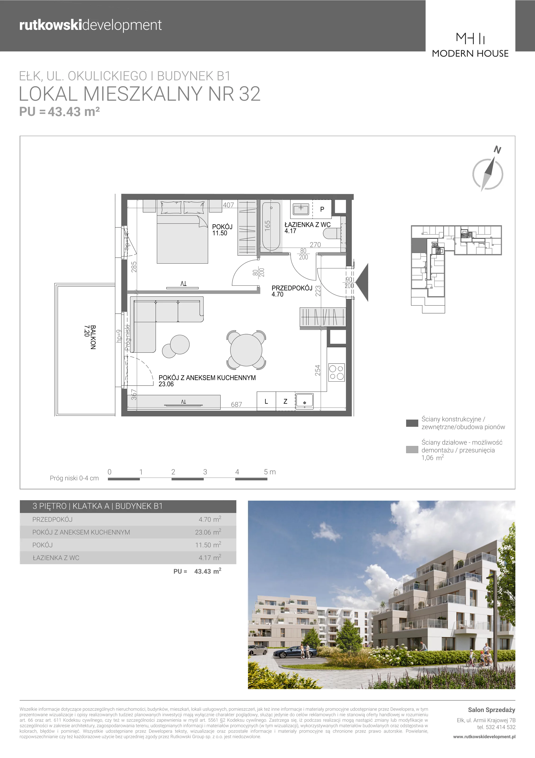2 pokoje, mieszkanie 43,43 m², piętro 3, oferta nr M-32, Modern House 2, Ełk, Konieczki, ul. Gen. Leopolda Okulickiego 8