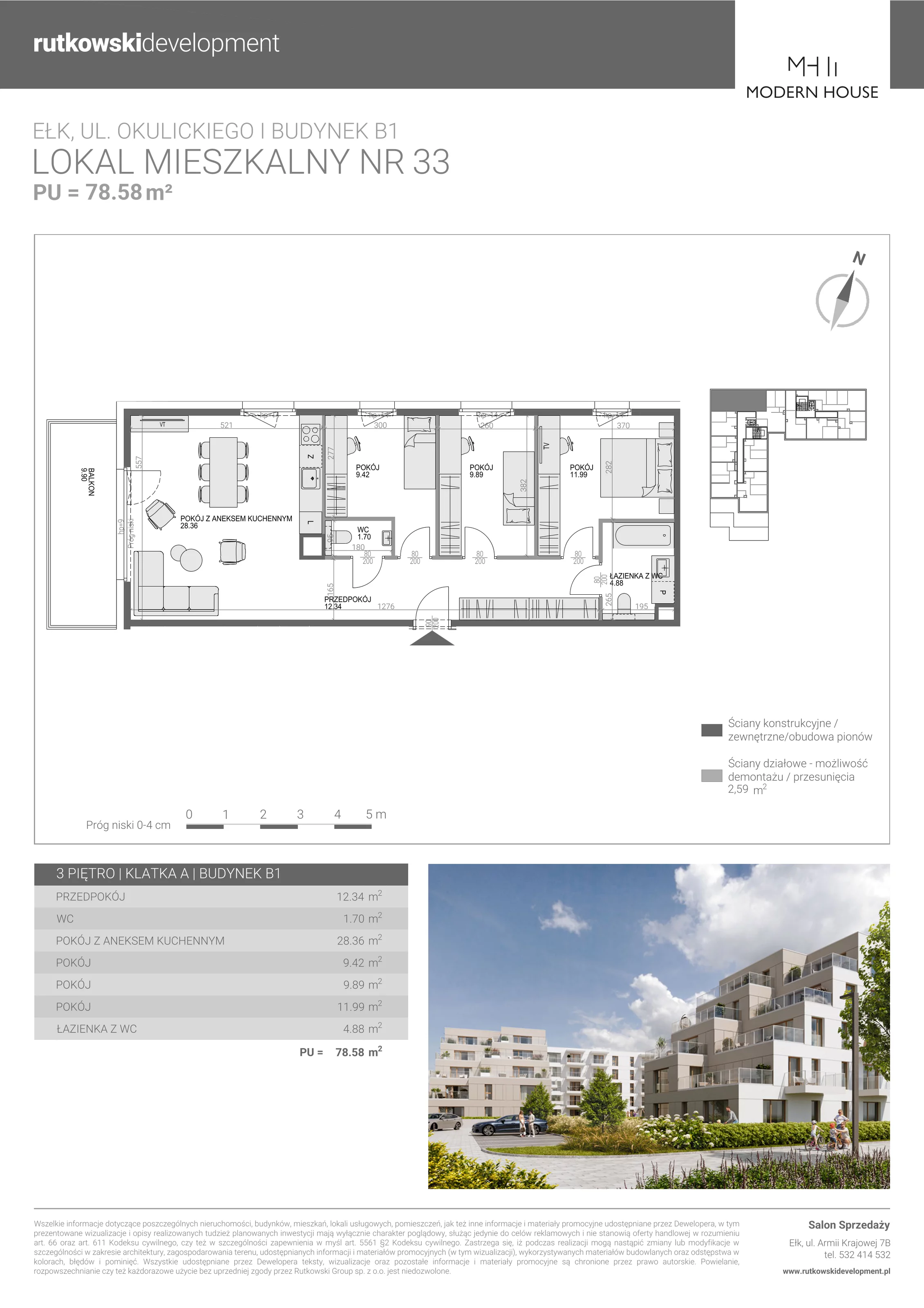 4 pokoje, mieszkanie 78,58 m², piętro 3, oferta nr M-33, Modern House 2, Ełk, Konieczki, ul. Gen. Leopolda Okulickiego 8