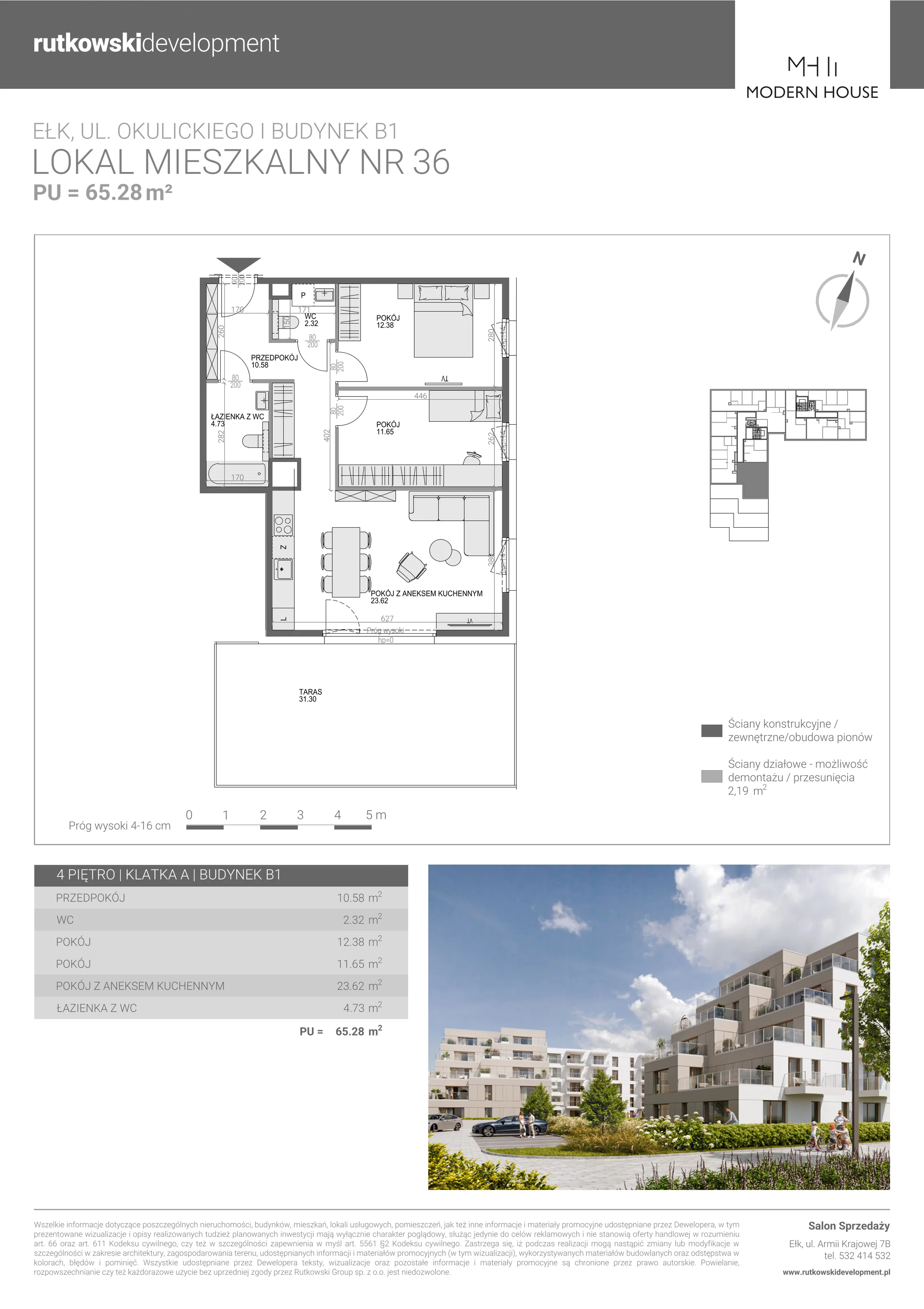 3 pokoje, mieszkanie 65,28 m², piętro 4, oferta nr M-36, Modern House 2, Ełk, Konieczki, ul. Gen. Leopolda Okulickiego 8