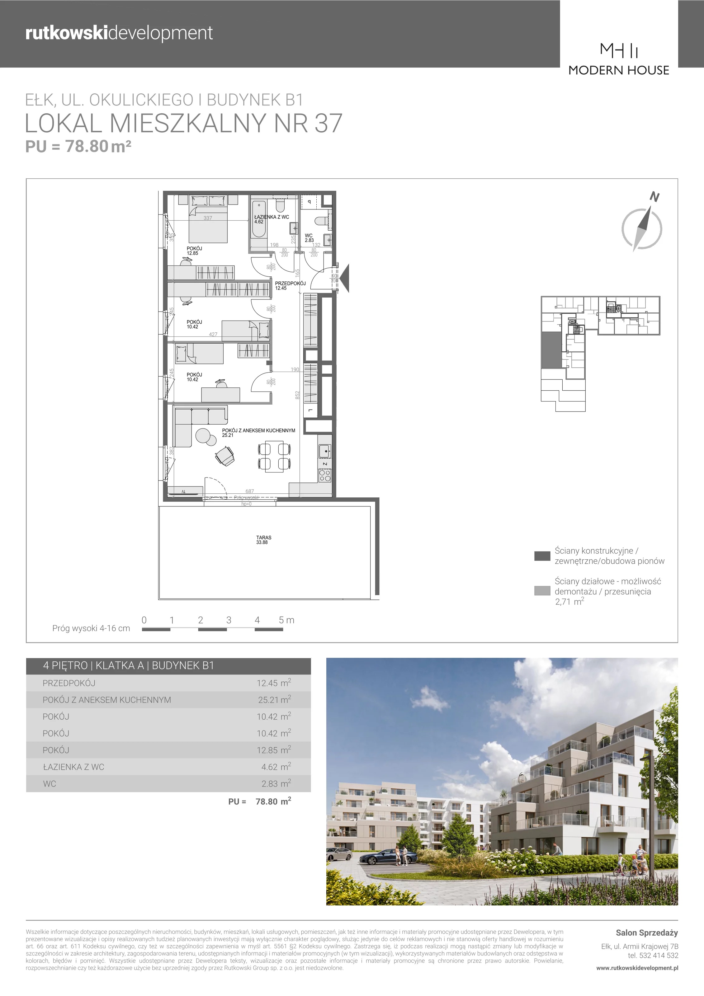 4 pokoje, mieszkanie 78,80 m², piętro 4, oferta nr M-37, Modern House 2, Ełk, Konieczki, ul. Gen. Leopolda Okulickiego 8