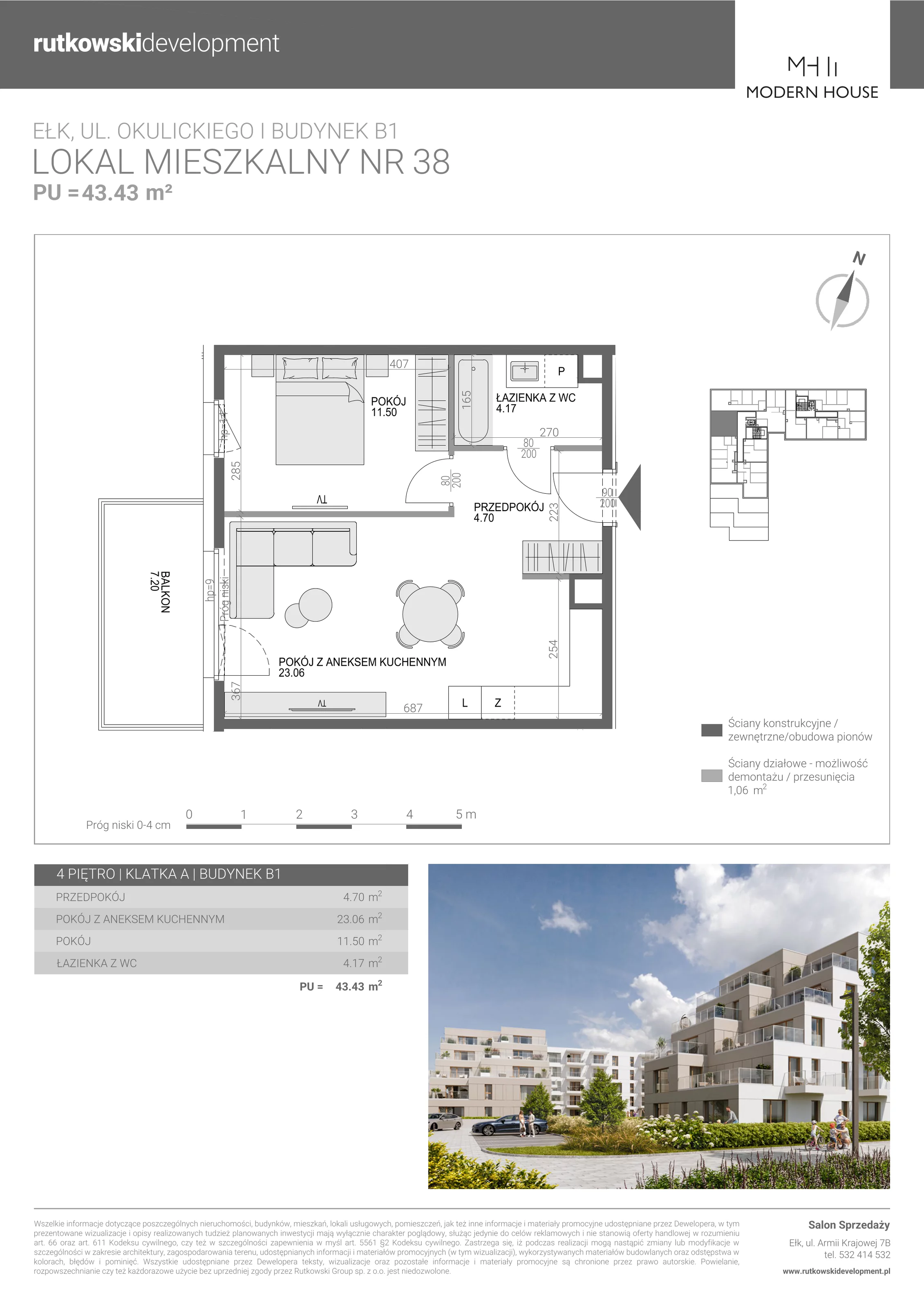 2 pokoje, mieszkanie 43,43 m², piętro 4, oferta nr M-38, Modern House 2, Ełk, Konieczki, ul. Gen. Leopolda Okulickiego 8