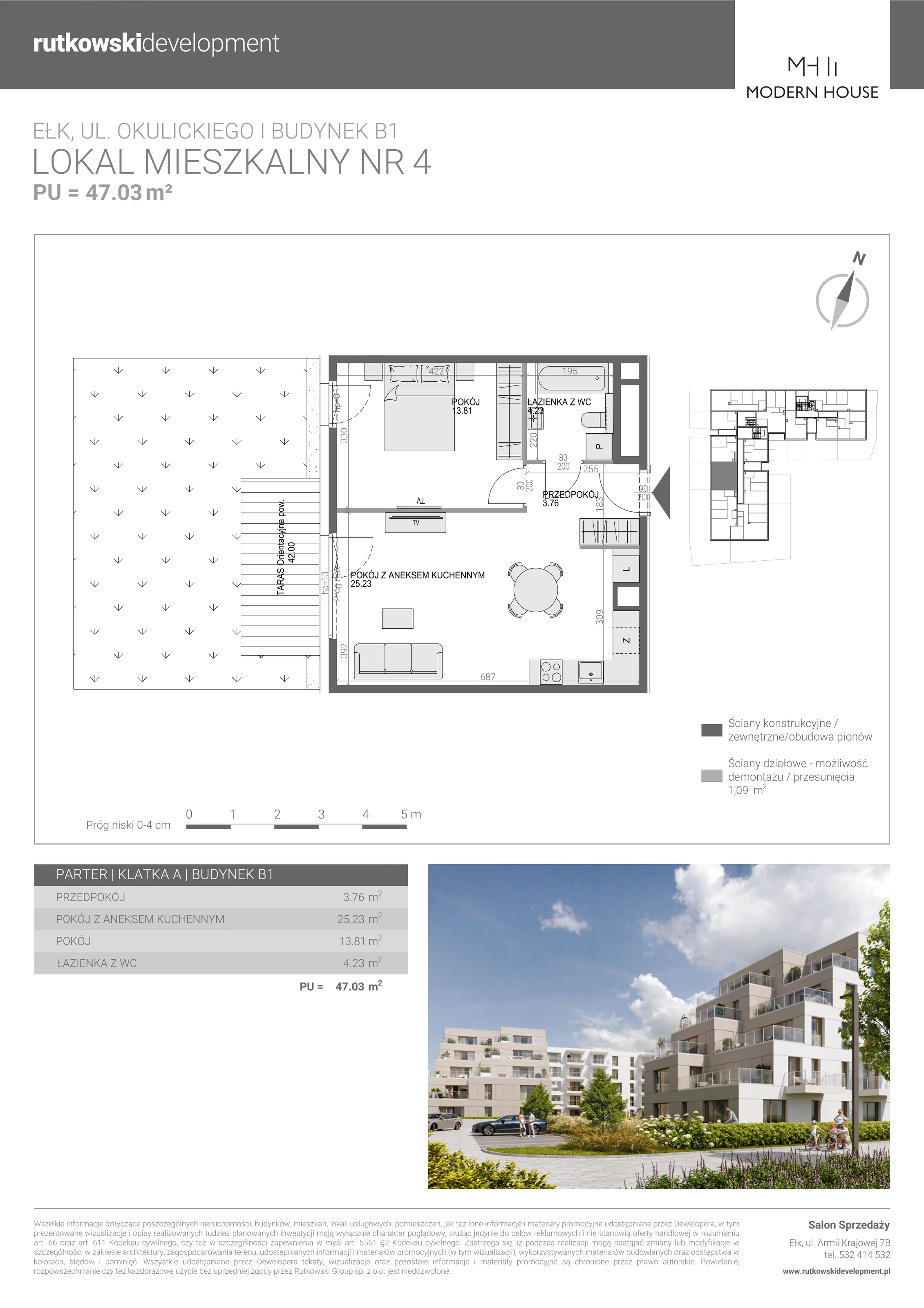 2 pokoje, mieszkanie 47,03 m², parter, oferta nr M-4, Modern House 2, Ełk, Konieczki, ul. Gen. Leopolda Okulickiego 8
