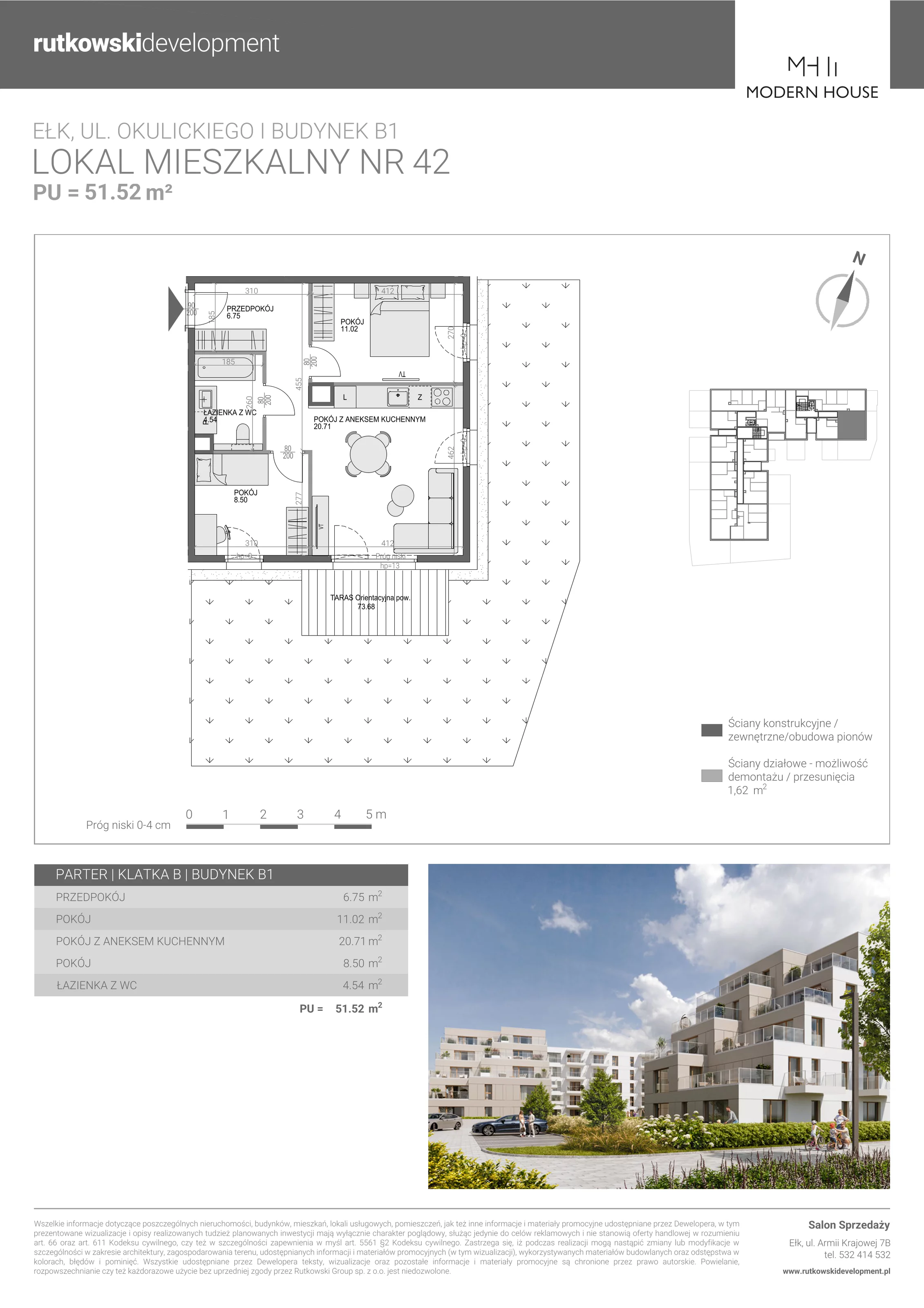 3 pokoje, mieszkanie 51,52 m², parter, oferta nr M-42, Modern House 2, Ełk, Konieczki, ul. Gen. Leopolda Okulickiego 8