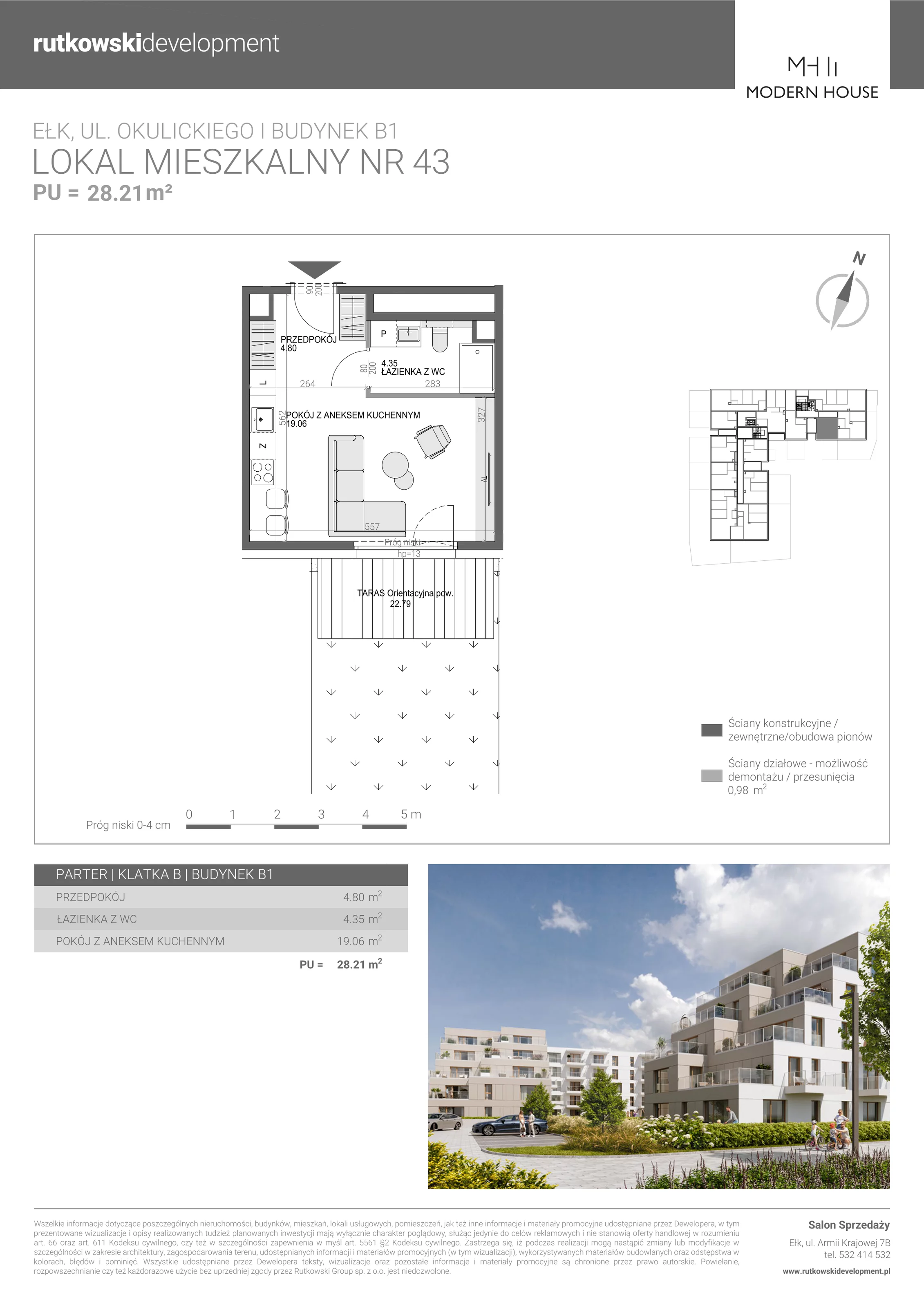 1 pokój, mieszkanie 28,21 m², parter, oferta nr M-43, Modern House 2, Ełk, Konieczki, ul. Gen. Leopolda Okulickiego 8