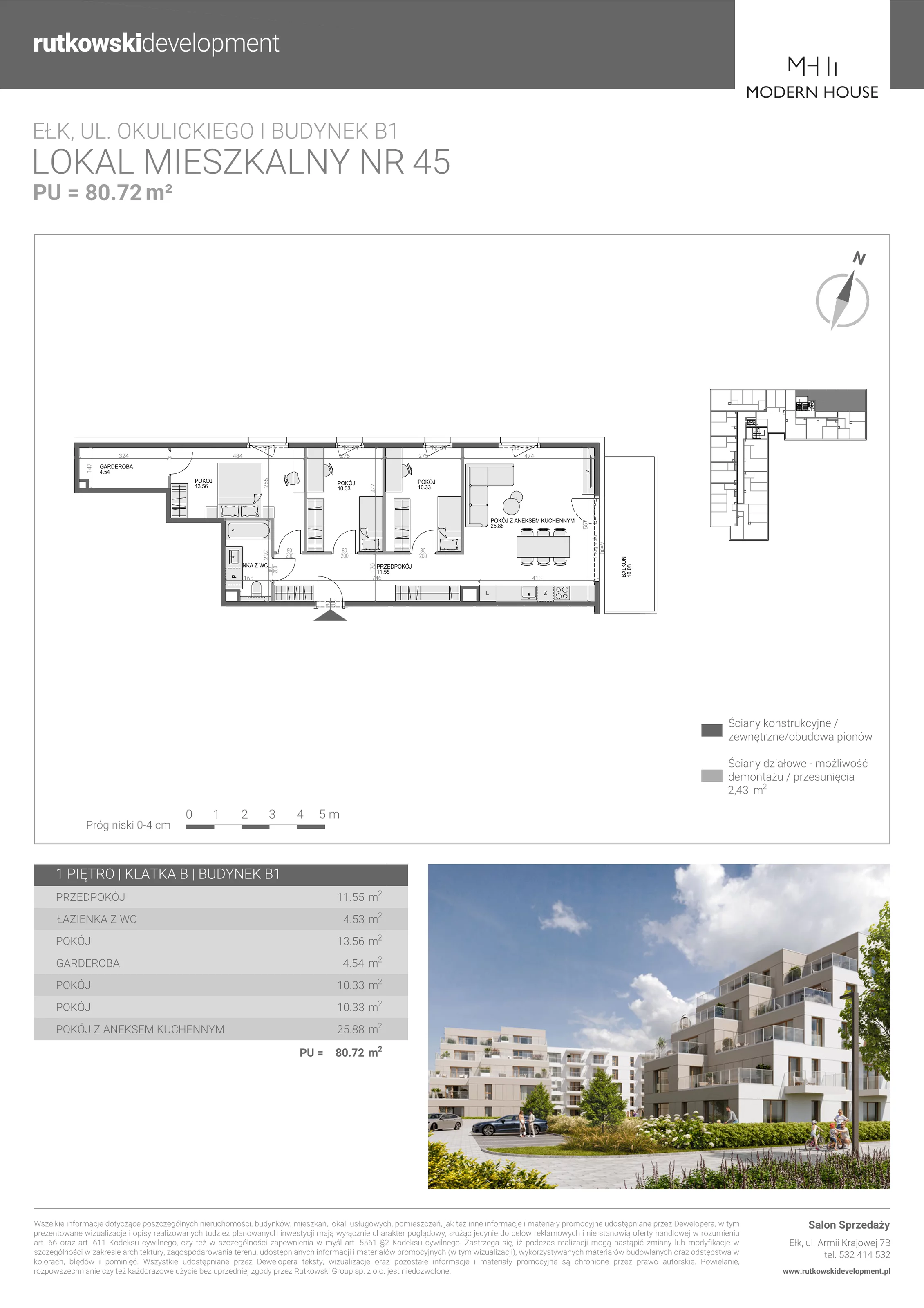 4 pokoje, mieszkanie 80,72 m², piętro 1, oferta nr M-45, Modern House 2, Ełk, Konieczki, ul. Gen. Leopolda Okulickiego 8