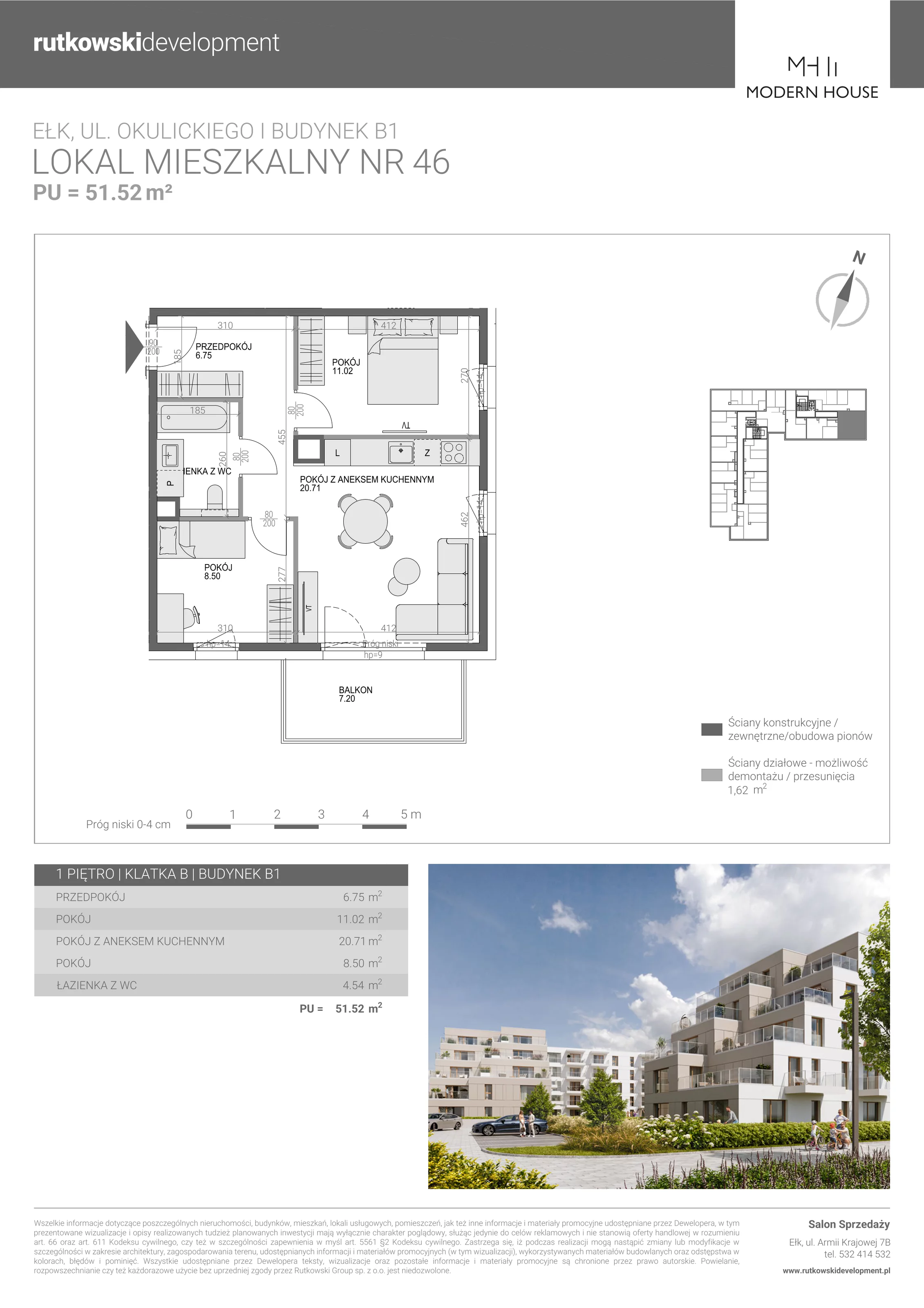 3 pokoje, mieszkanie 51,52 m², piętro 1, oferta nr M-46, Modern House 2, Ełk, Konieczki, ul. Gen. Leopolda Okulickiego 8