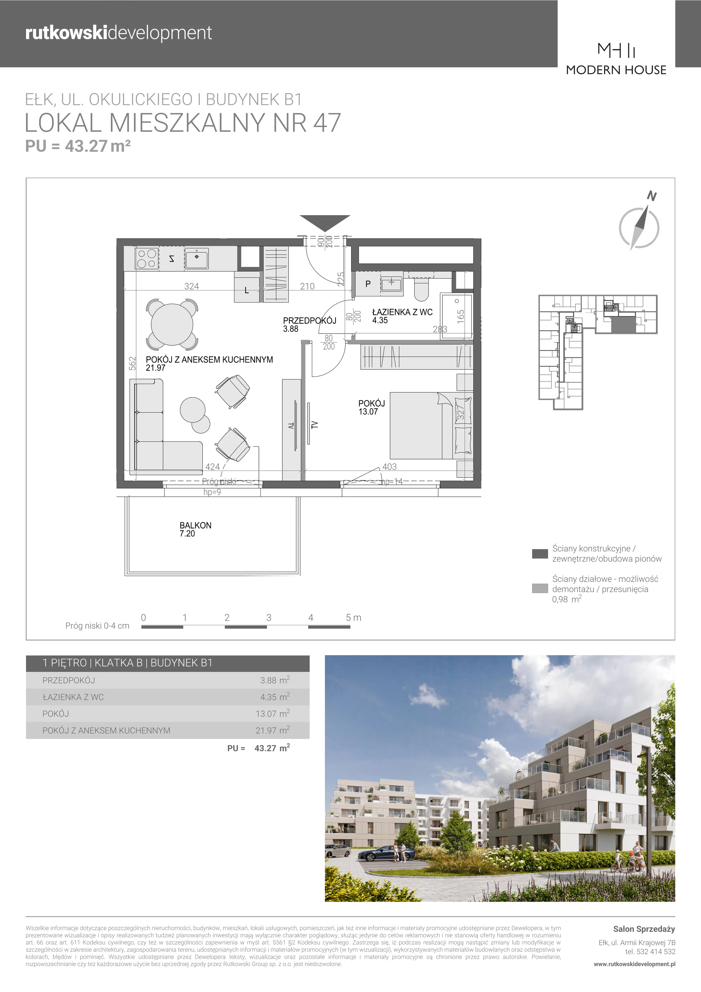 2 pokoje, mieszkanie 43,27 m², piętro 1, oferta nr M-47, Modern House 2, Ełk, Konieczki, ul. Gen. Leopolda Okulickiego 8