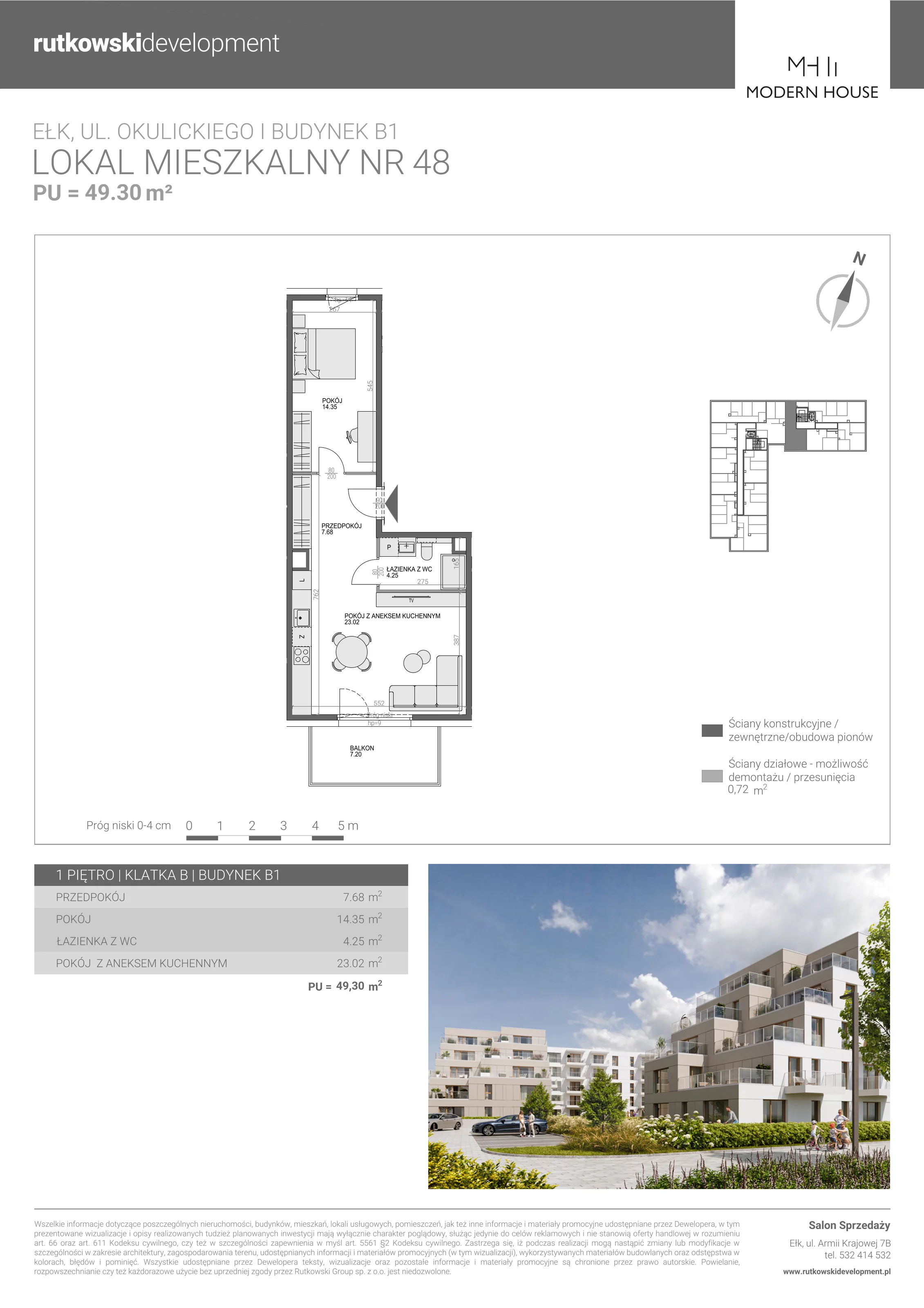 2 pokoje, mieszkanie 49,30 m², piętro 1, oferta nr M-48, Modern House 2, Ełk, Konieczki, ul. Gen. Leopolda Okulickiego 8