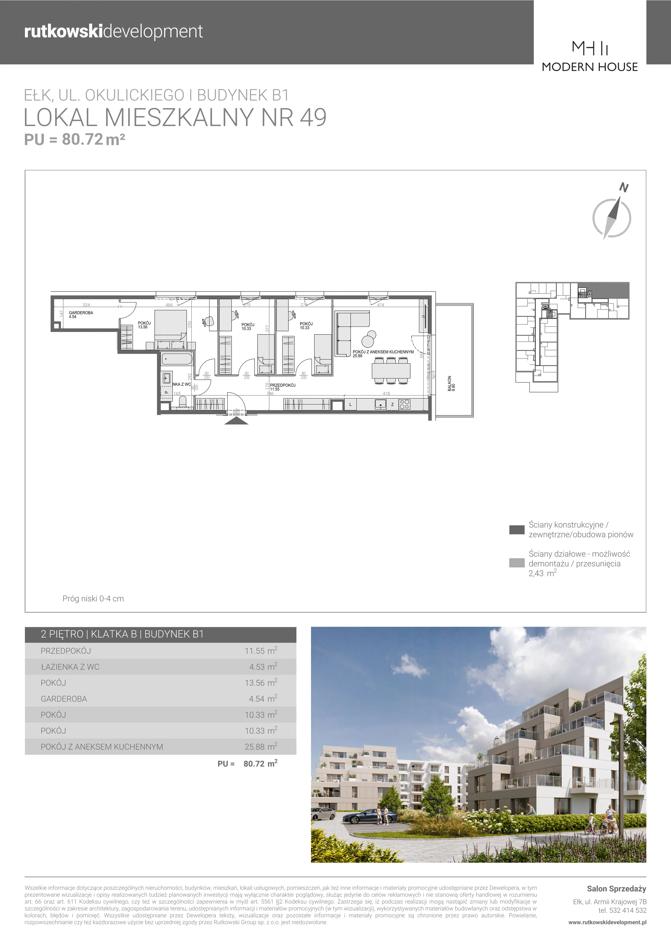 4 pokoje, mieszkanie 80,72 m², piętro 2, oferta nr M-49, Modern House 2, Ełk, Konieczki, ul. Gen. Leopolda Okulickiego 8