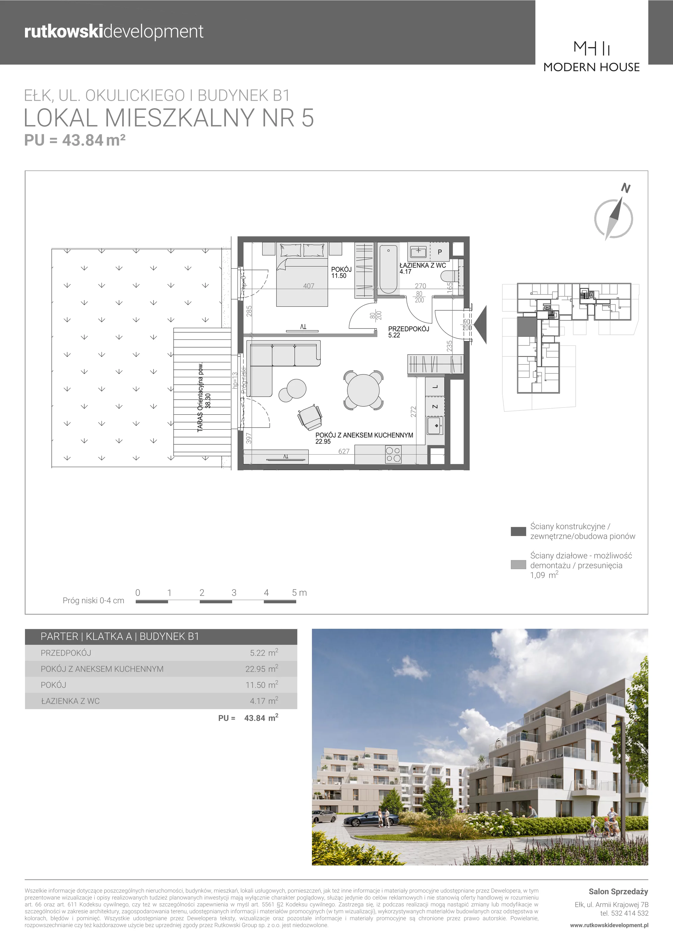 2 pokoje, mieszkanie 43,84 m², parter, oferta nr M-5, Modern House 2, Ełk, Konieczki, ul. Gen. Leopolda Okulickiego 8