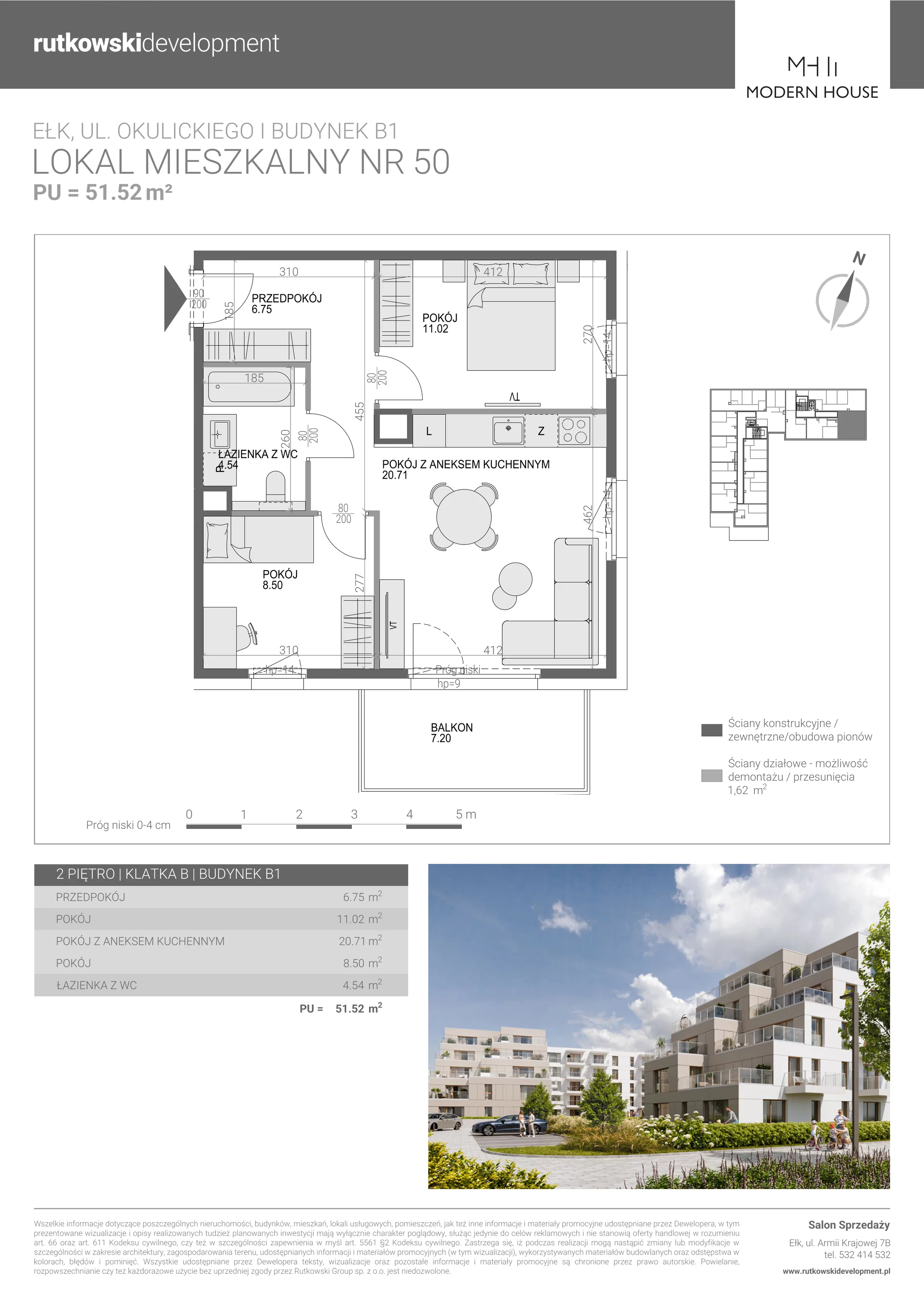 3 pokoje, mieszkanie 51,52 m², piętro 2, oferta nr M-50, Modern House 2, Ełk, Konieczki, ul. Gen. Leopolda Okulickiego 8