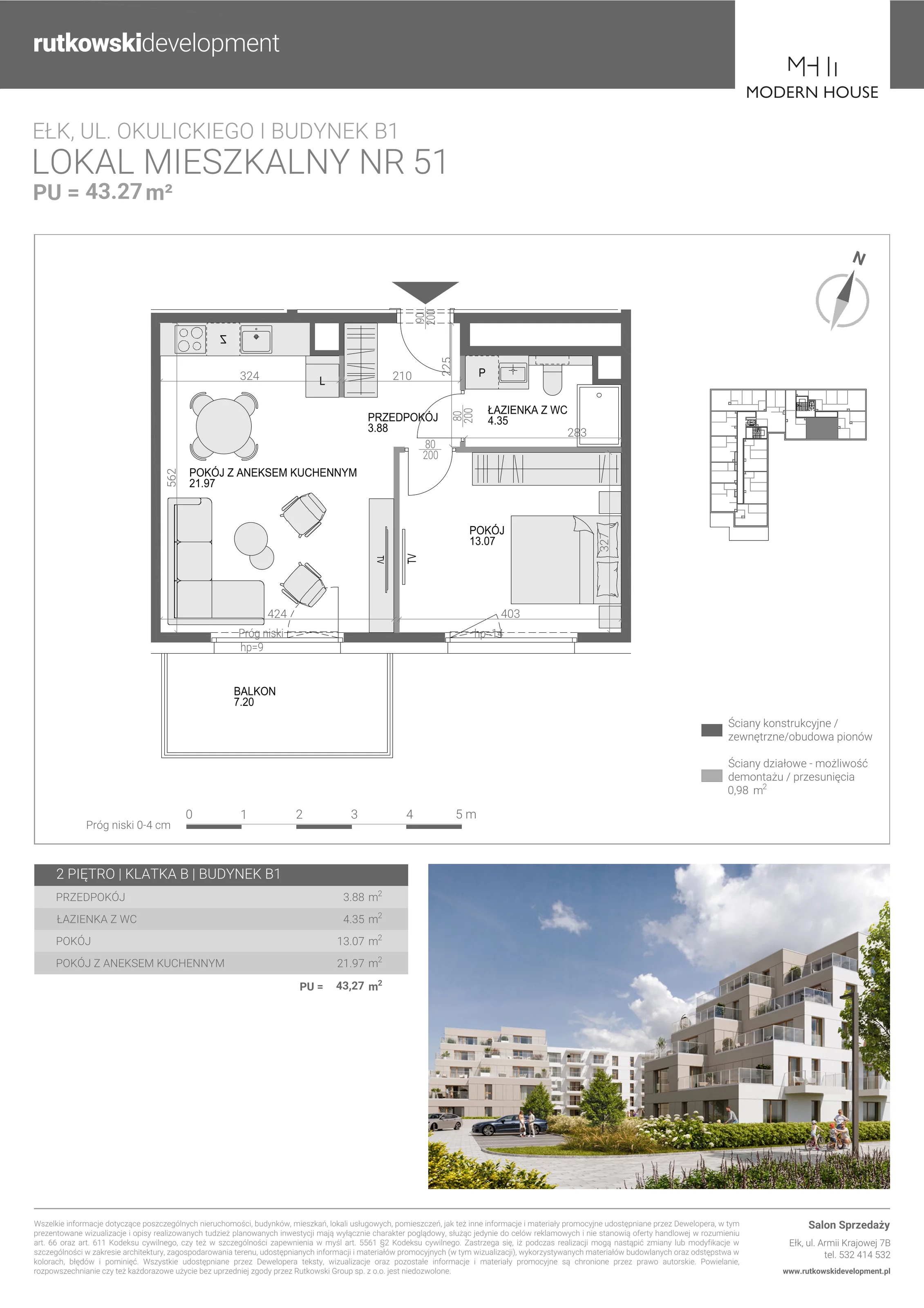 2 pokoje, mieszkanie 43,27 m², piętro 2, oferta nr M-51, Modern House 2, Ełk, Konieczki, ul. Gen. Leopolda Okulickiego 8