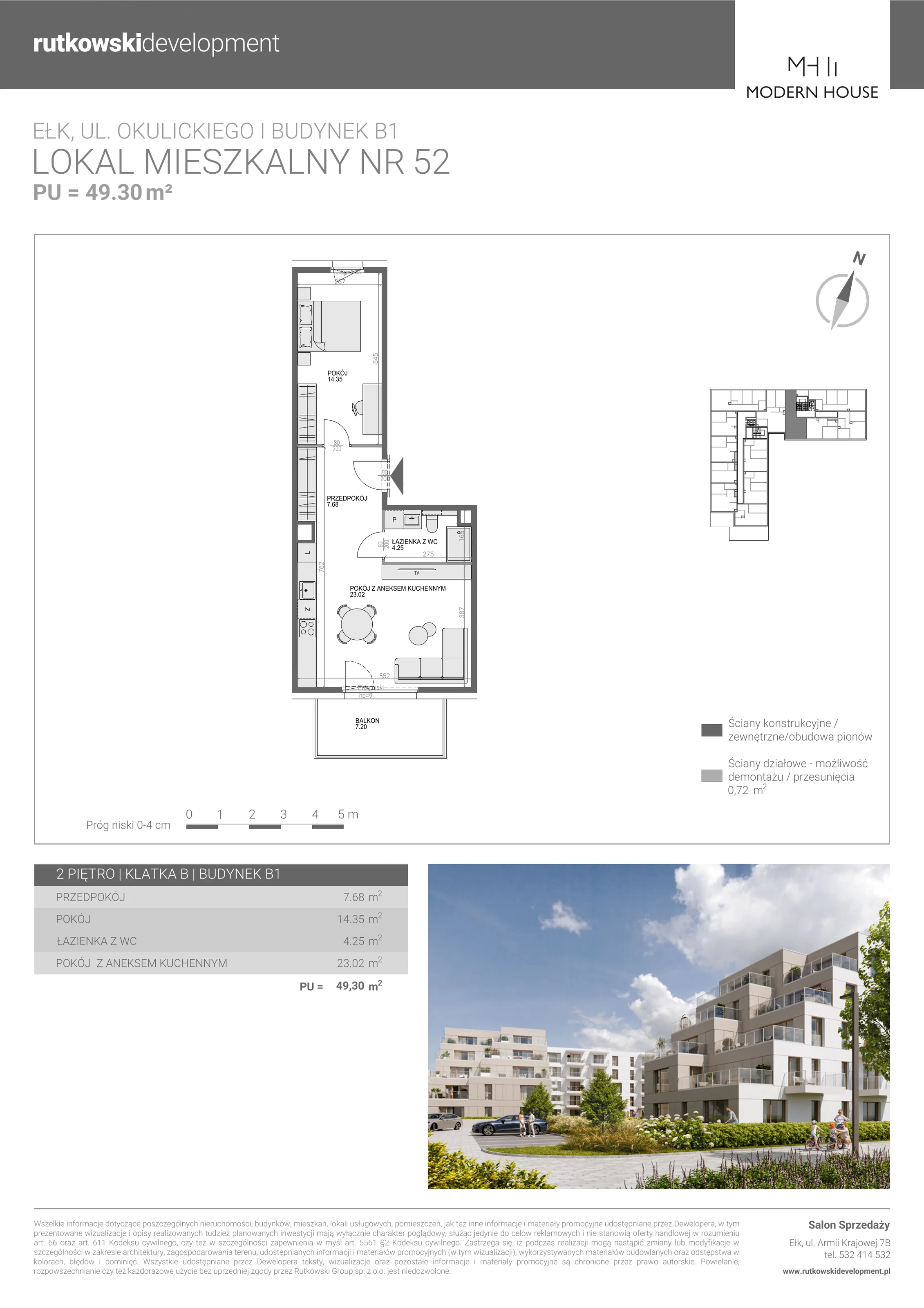 2 pokoje, mieszkanie 49,30 m², piętro 2, oferta nr M-52, Modern House 2, Ełk, Konieczki, ul. Gen. Leopolda Okulickiego 8