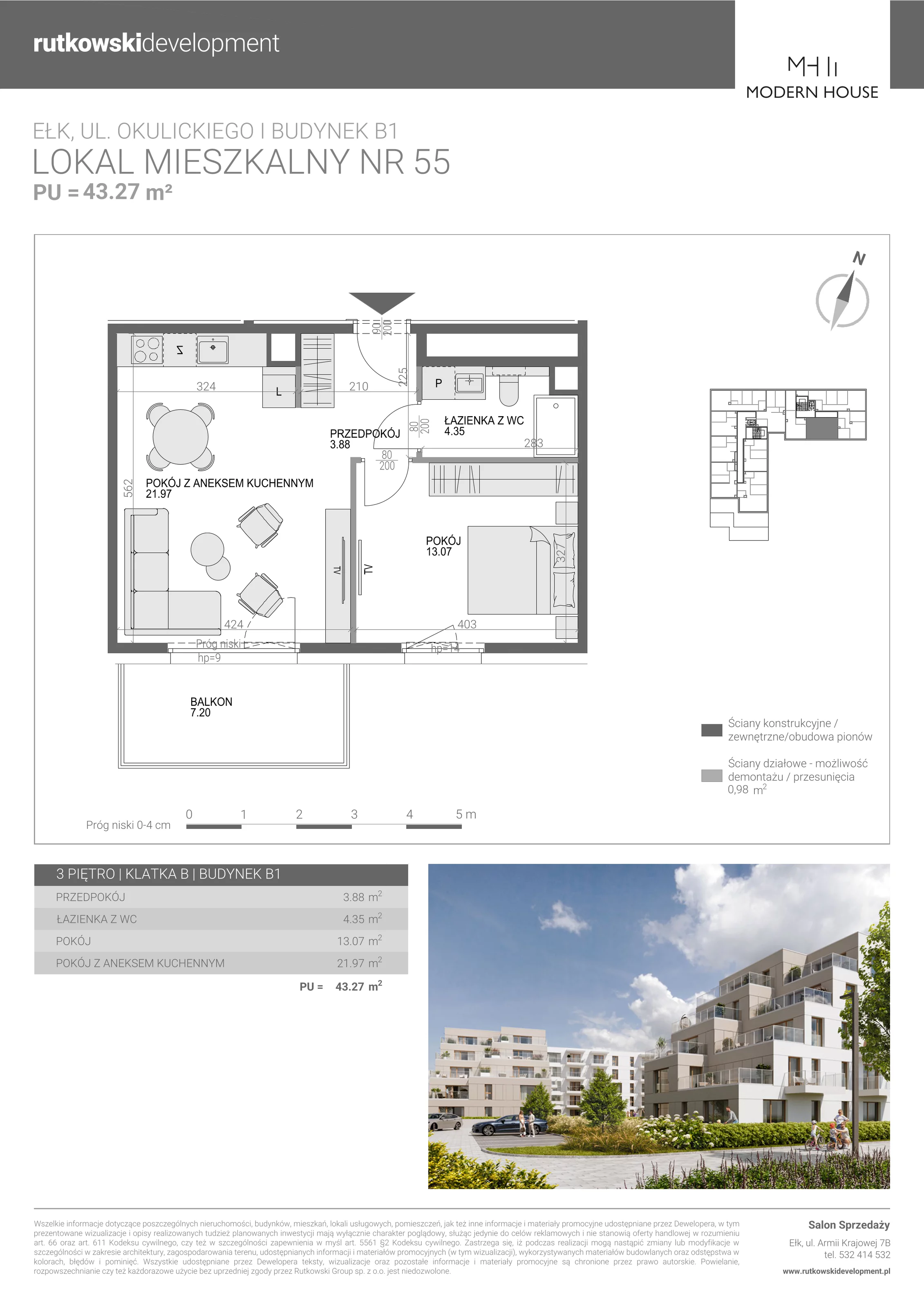 2 pokoje, mieszkanie 43,27 m², piętro 3, oferta nr M-55, Modern House 2, Ełk, Konieczki, ul. Gen. Leopolda Okulickiego 8