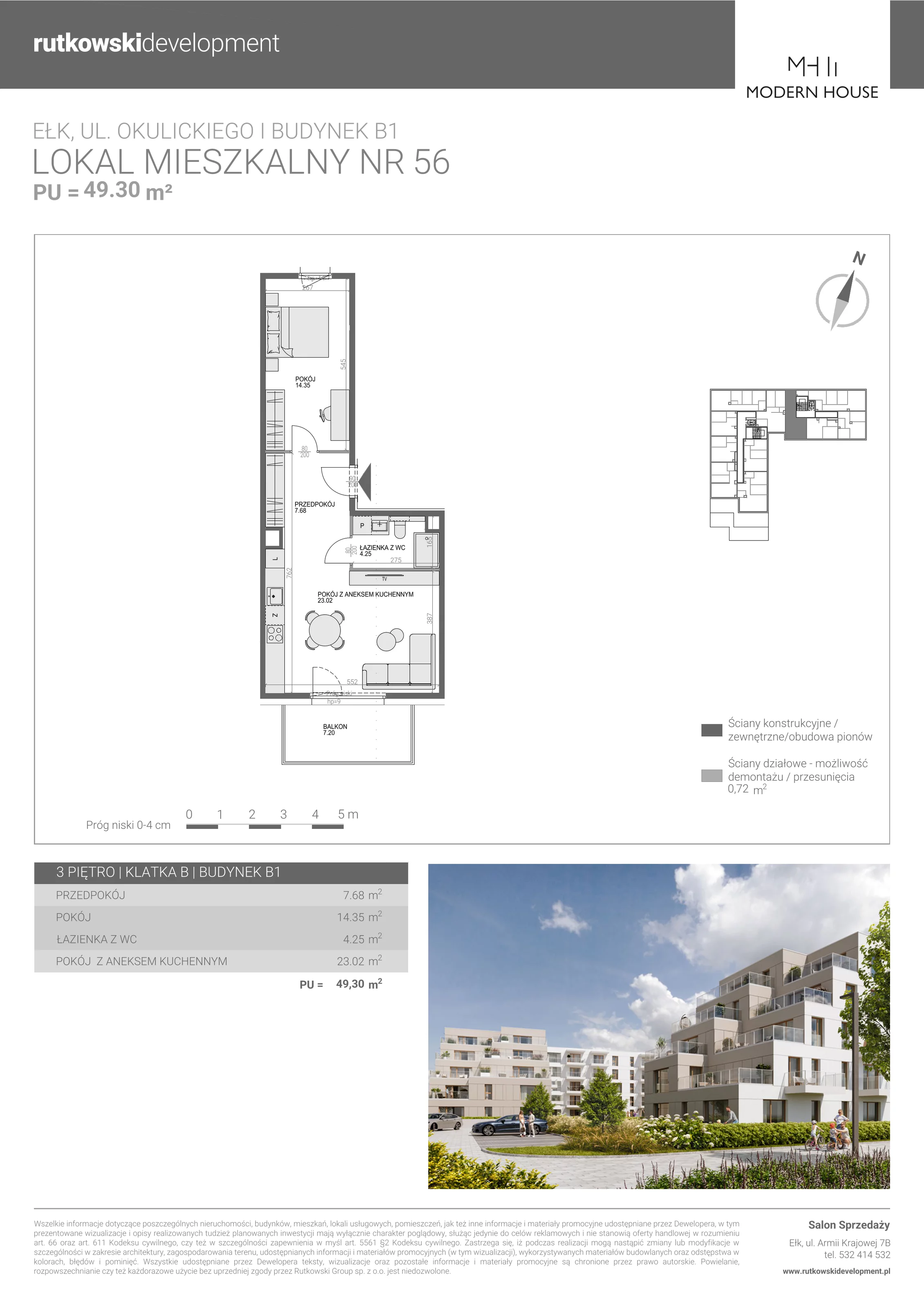 2 pokoje, mieszkanie 49,30 m², piętro 3, oferta nr M-56, Modern House 2, Ełk, Konieczki, ul. Gen. Leopolda Okulickiego 8