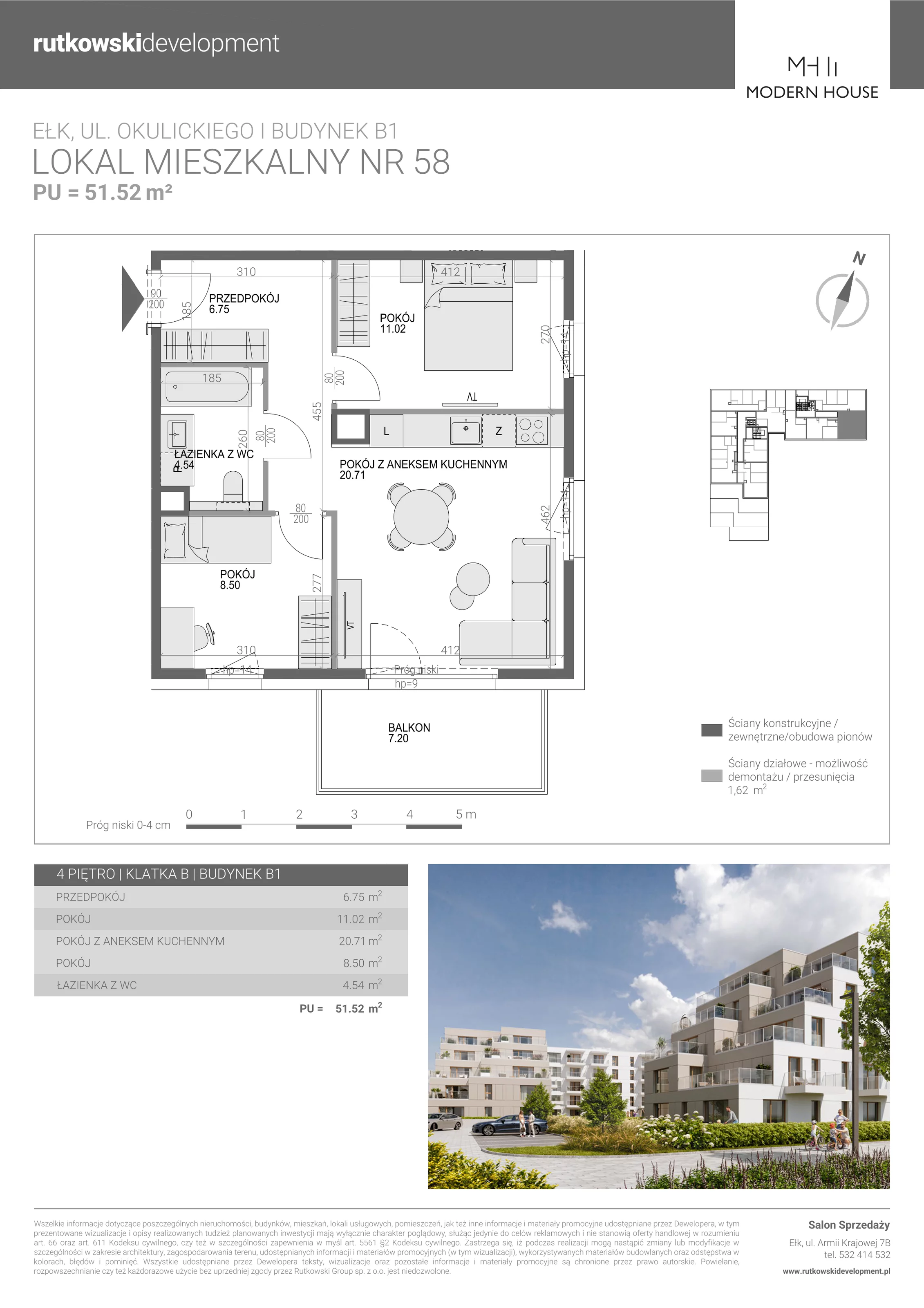 3 pokoje, mieszkanie 51,52 m², piętro 4, oferta nr M-58, Modern House 2, Ełk, Konieczki, ul. Gen. Leopolda Okulickiego 8