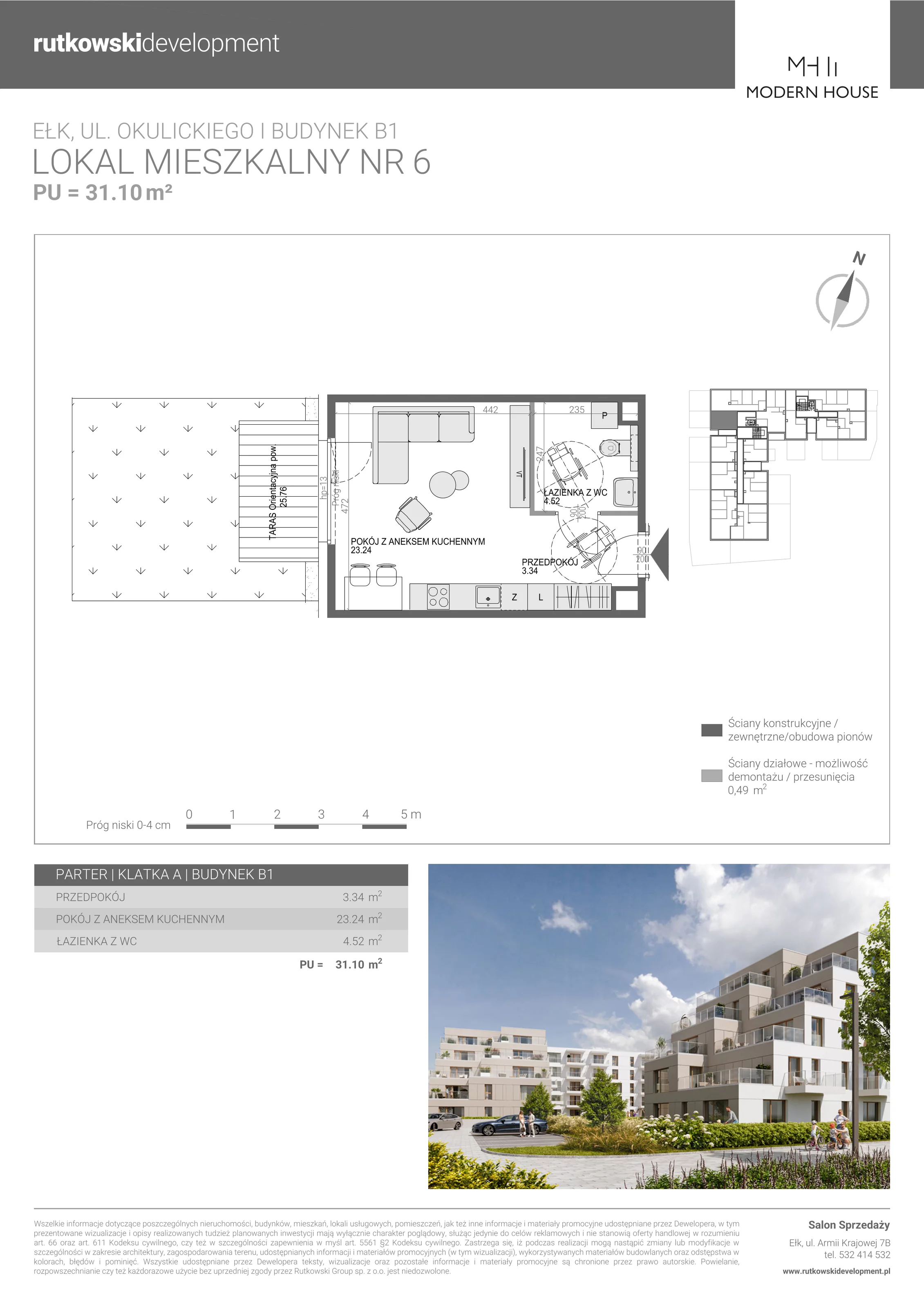 1 pokój, mieszkanie 31,10 m², parter, oferta nr M-6, Modern House 2, Ełk, Konieczki, ul. Gen. Leopolda Okulickiego 8