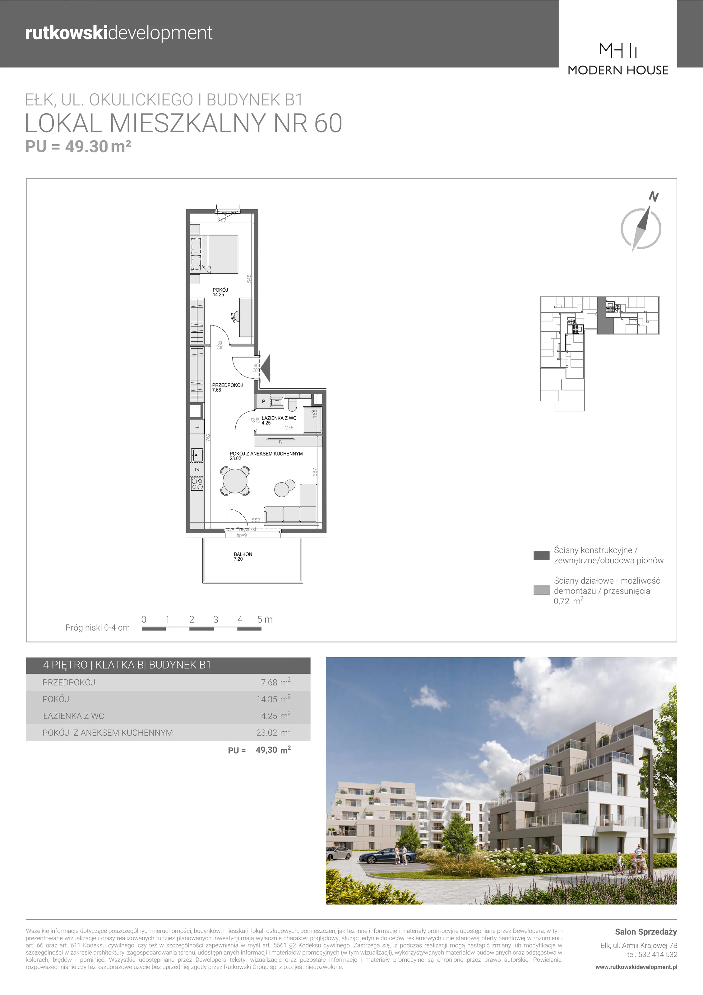 2 pokoje, mieszkanie 49,30 m², piętro 4, oferta nr M-60, Modern House 2, Ełk, Konieczki, ul. Gen. Leopolda Okulickiego 8