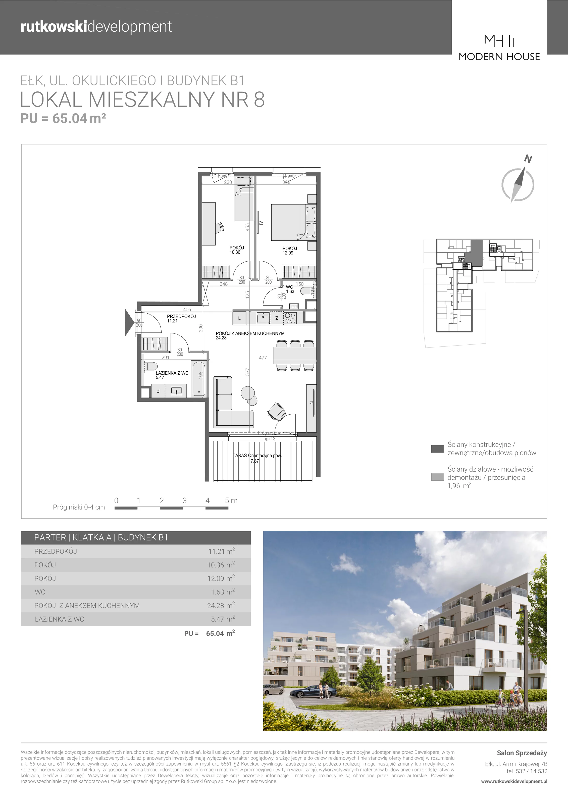 3 pokoje, mieszkanie 65,04 m², parter, oferta nr M-8, Modern House 2, Ełk, Konieczki, ul. Gen. Leopolda Okulickiego 8
