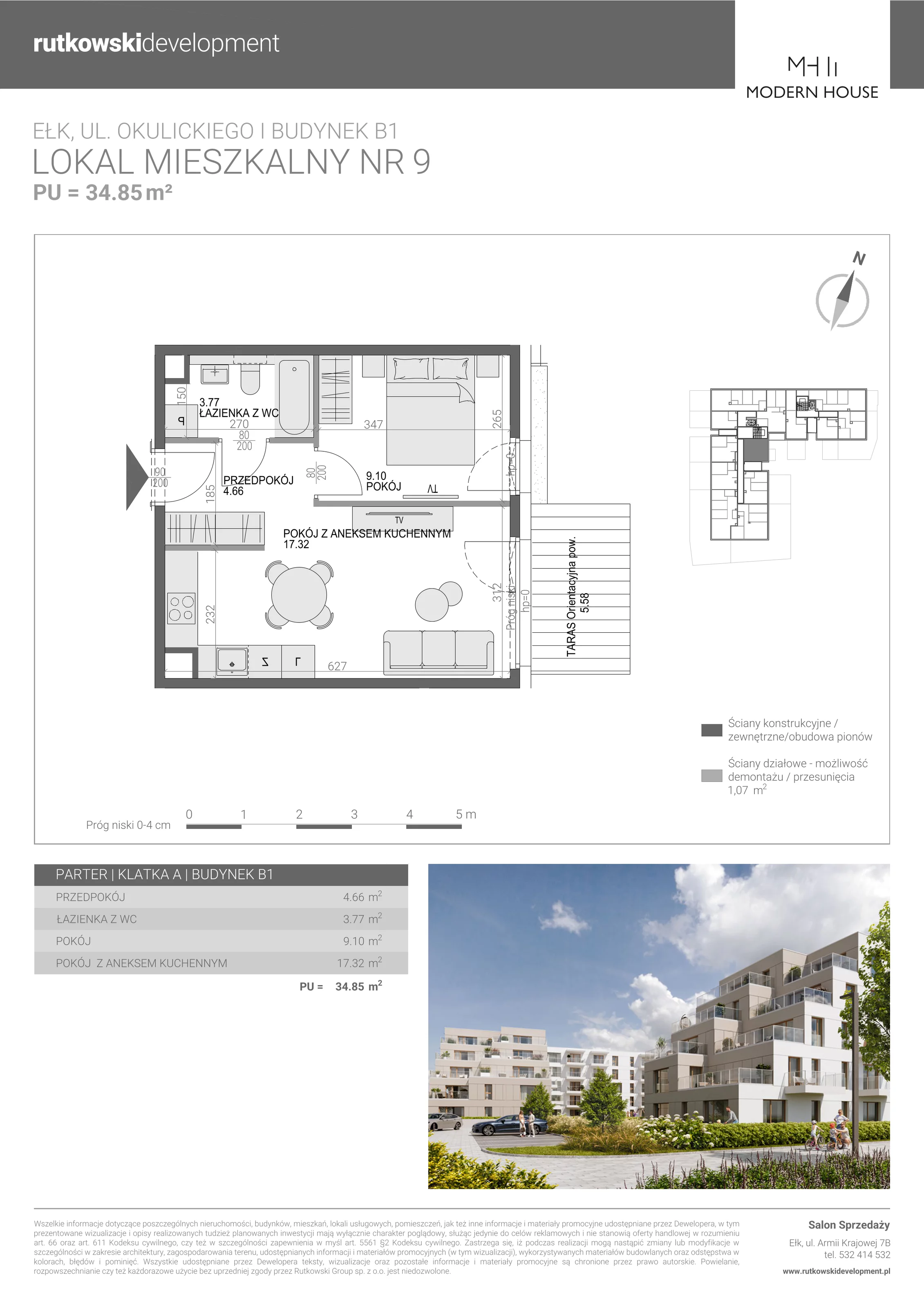 2 pokoje, mieszkanie 34,85 m², parter, oferta nr M-9, Modern House 2, Ełk, Konieczki, ul. Gen. Leopolda Okulickiego 8
