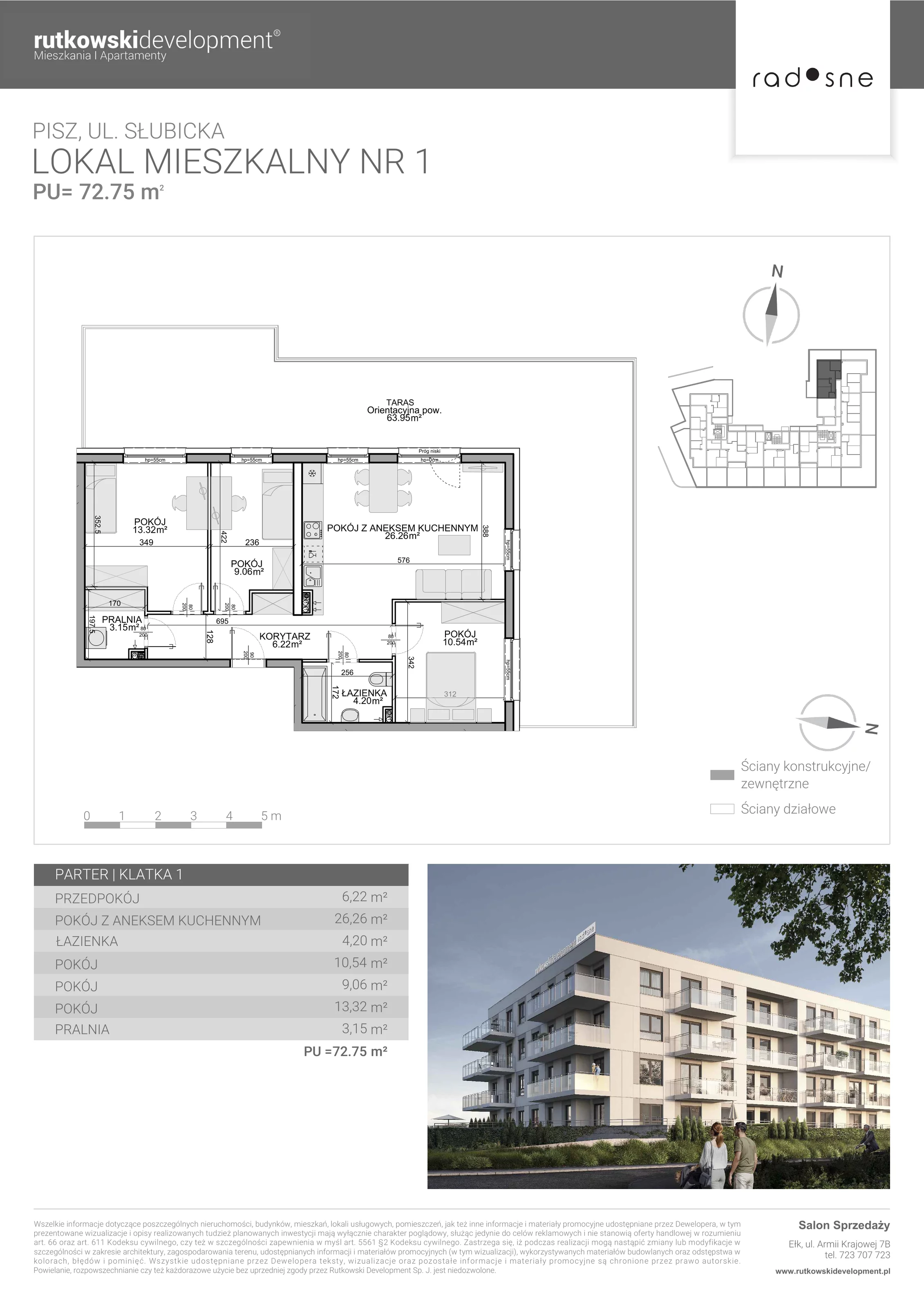 4 pokoje, mieszkanie 72,75 m², parter, oferta nr 1, Osiedle Radosne, Pisz, ul. Słubicka