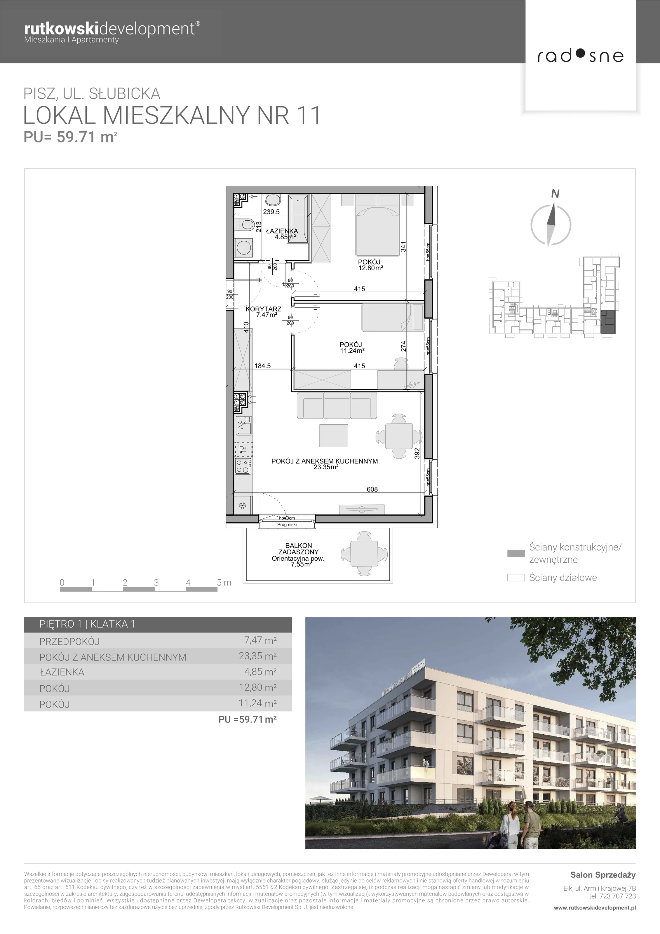3 pokoje, mieszkanie 59,71 m², piętro 1, oferta nr 11, Osiedle Radosne, Pisz, ul. Słubicka