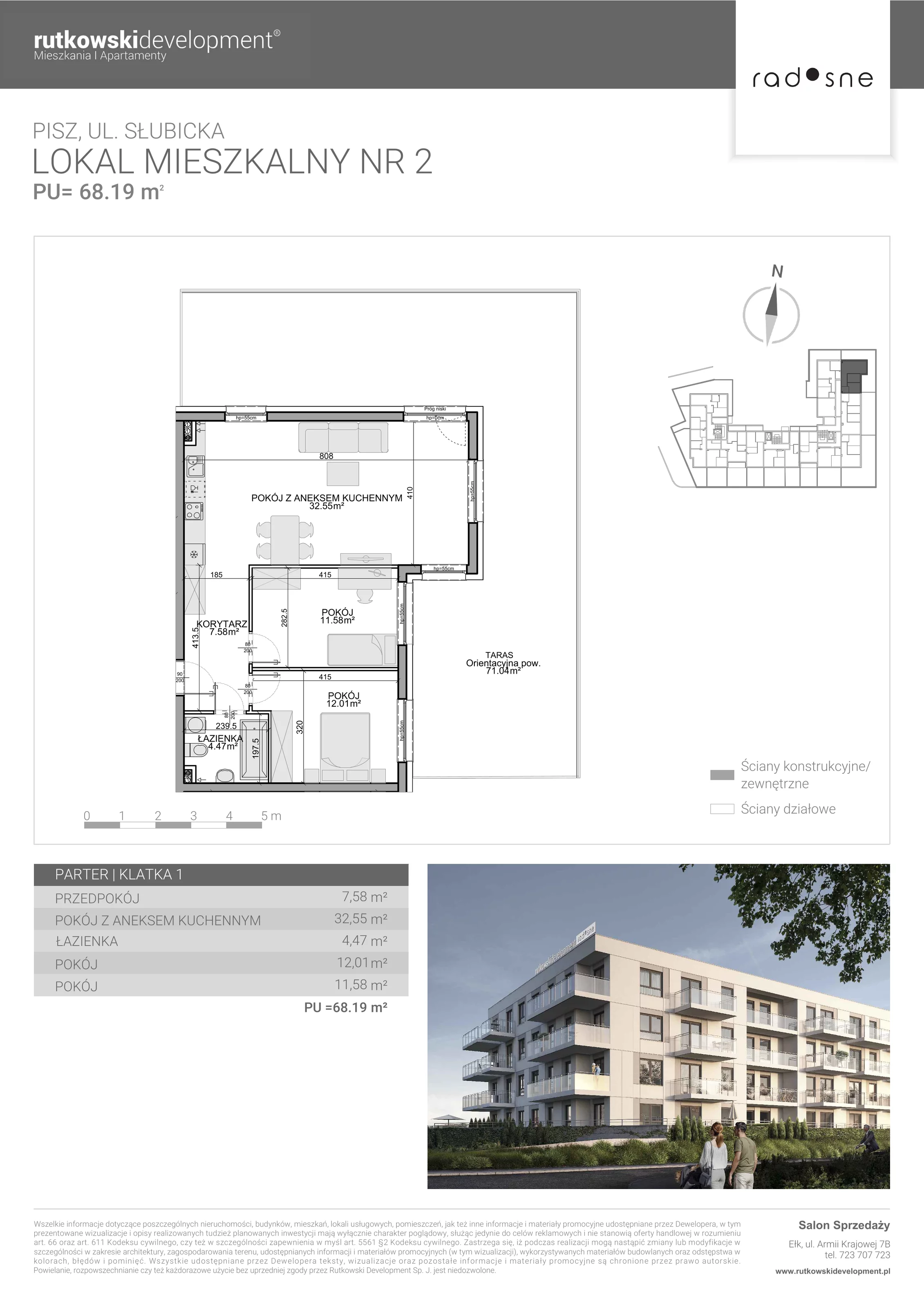 3 pokoje, mieszkanie 68,19 m², parter, oferta nr 2, Osiedle Radosne, Pisz, ul. Słubicka