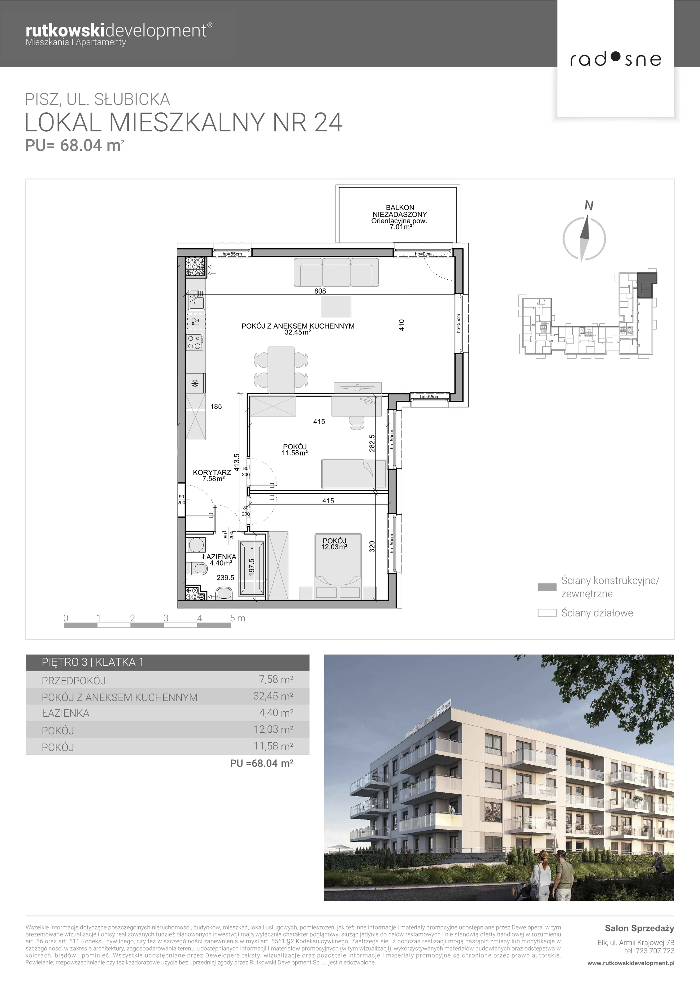 3 pokoje, mieszkanie 68,04 m², piętro 3, oferta nr 24, Osiedle Radosne, Pisz, ul. Słubicka