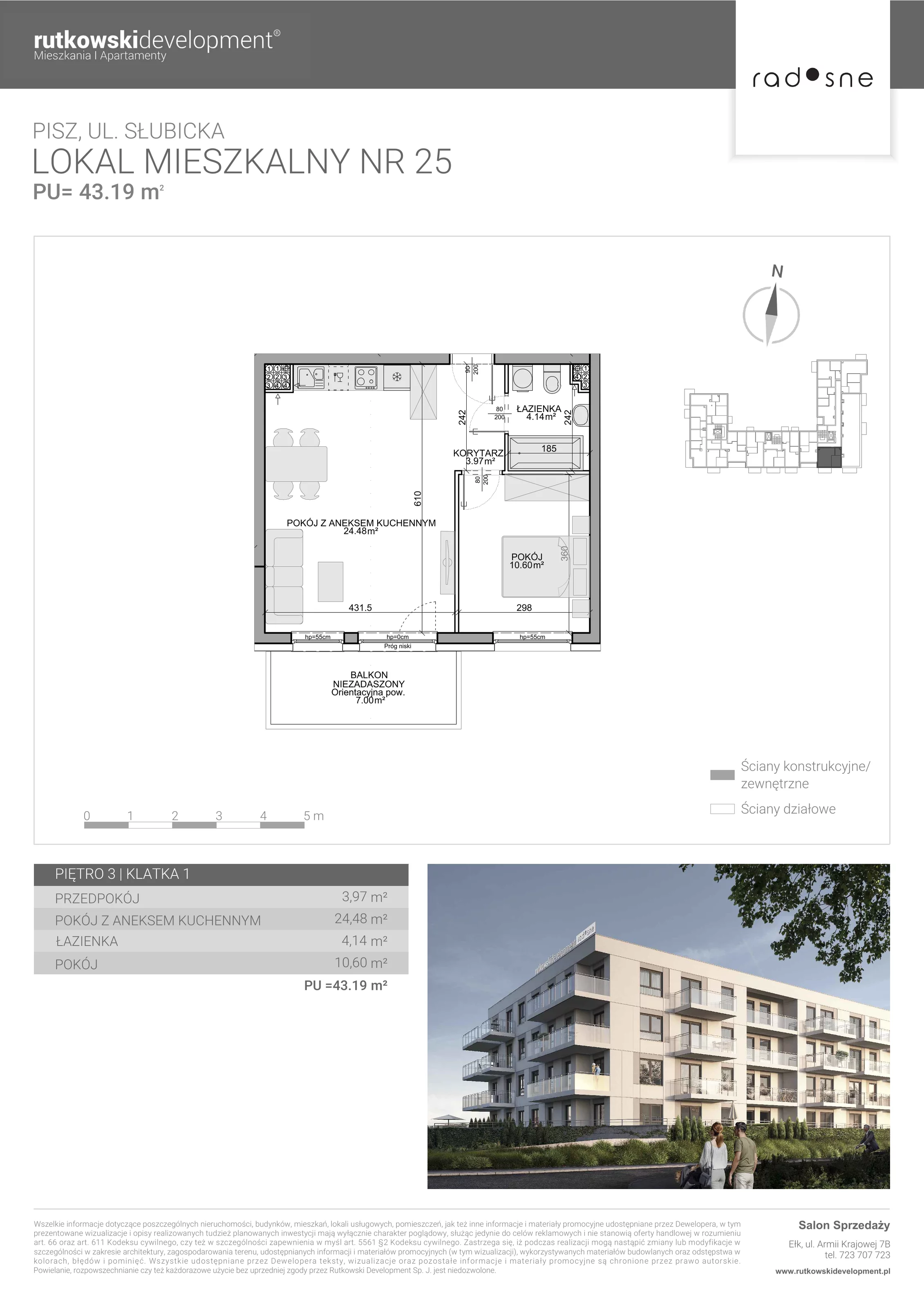 2 pokoje, mieszkanie 43,19 m², piętro 3, oferta nr 25, Osiedle Radosne, Pisz, ul. Słubicka