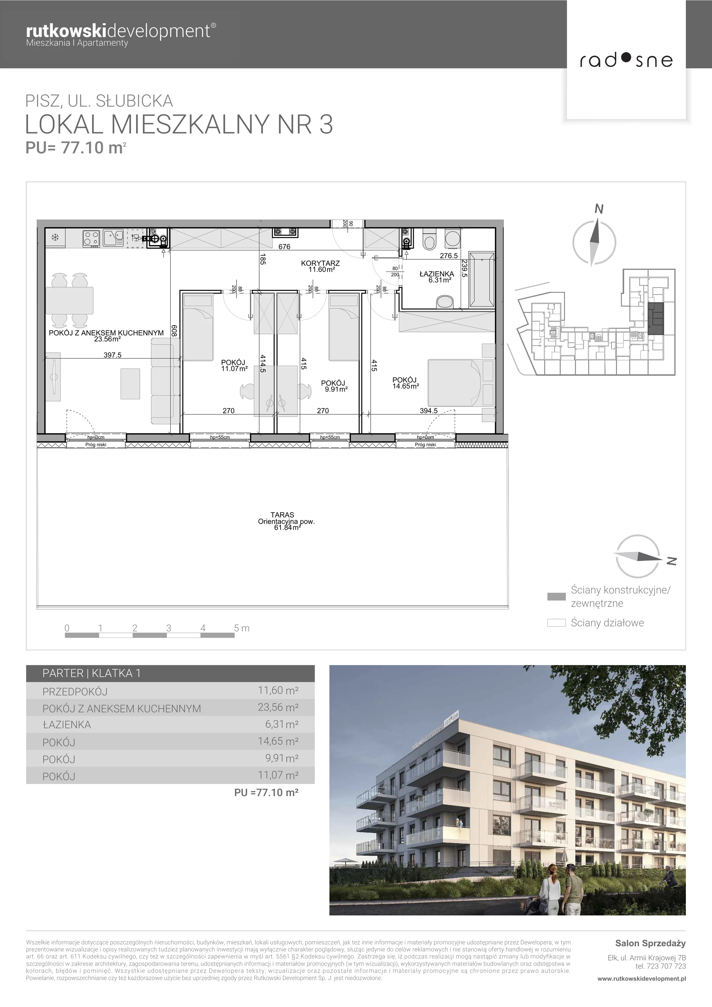 4 pokoje, mieszkanie 77,10 m², parter, oferta nr 3, Osiedle Radosne, Pisz, ul. Słubicka