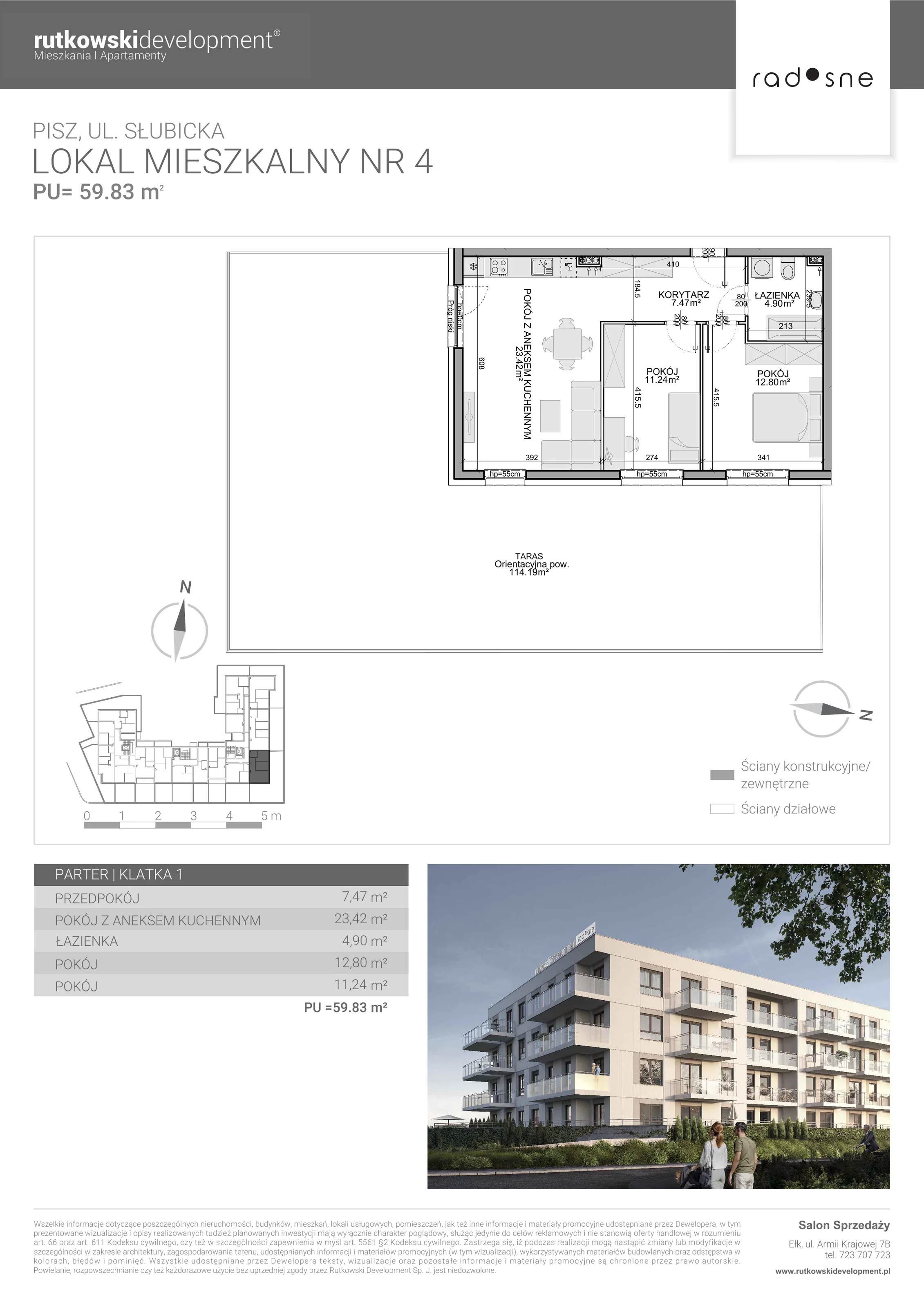 3 pokoje, mieszkanie 59,83 m², parter, oferta nr 4, Osiedle Radosne, Pisz, ul. Słubicka