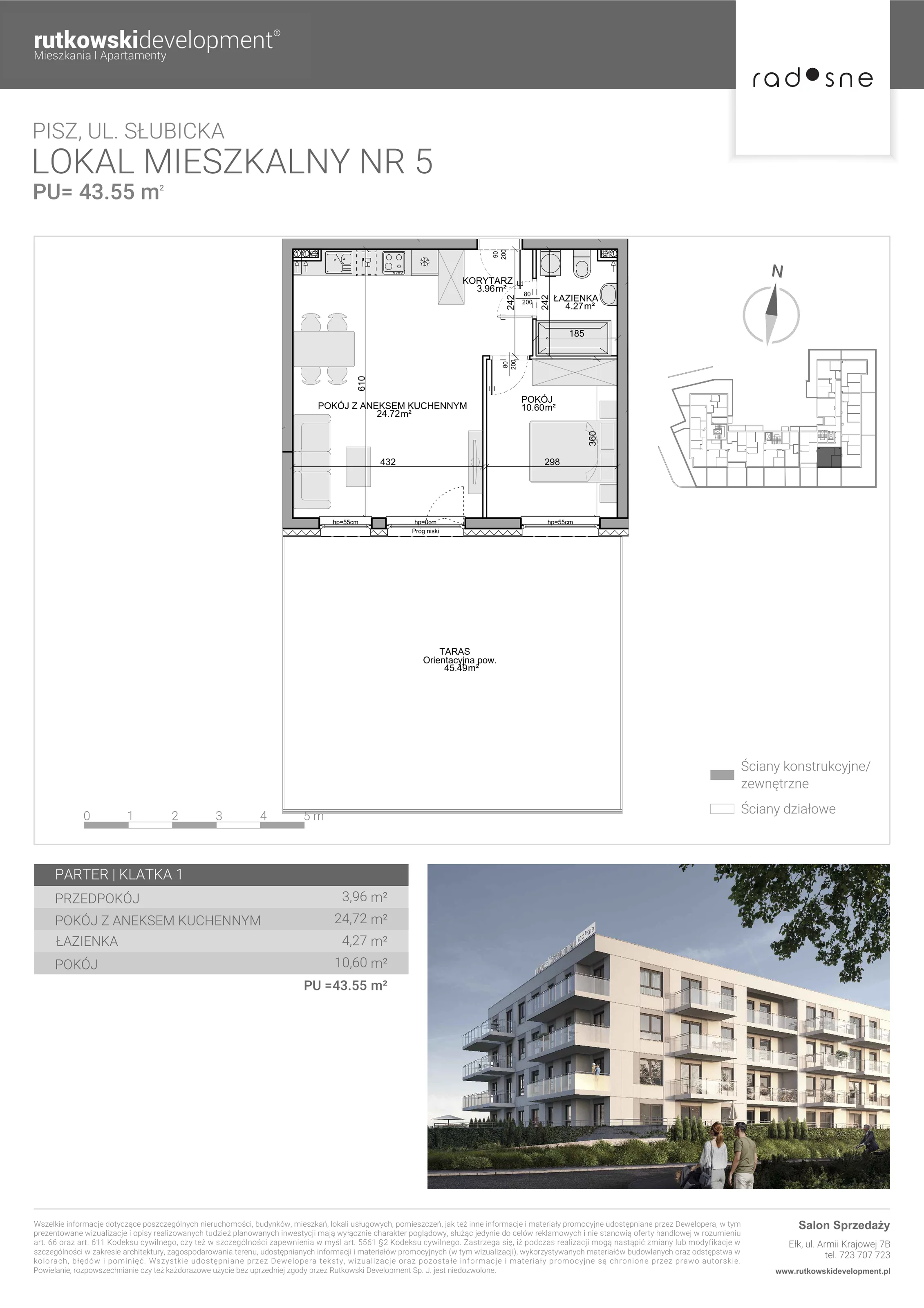 2 pokoje, mieszkanie 43,55 m², parter, oferta nr 5, Osiedle Radosne, Pisz, ul. Słubicka