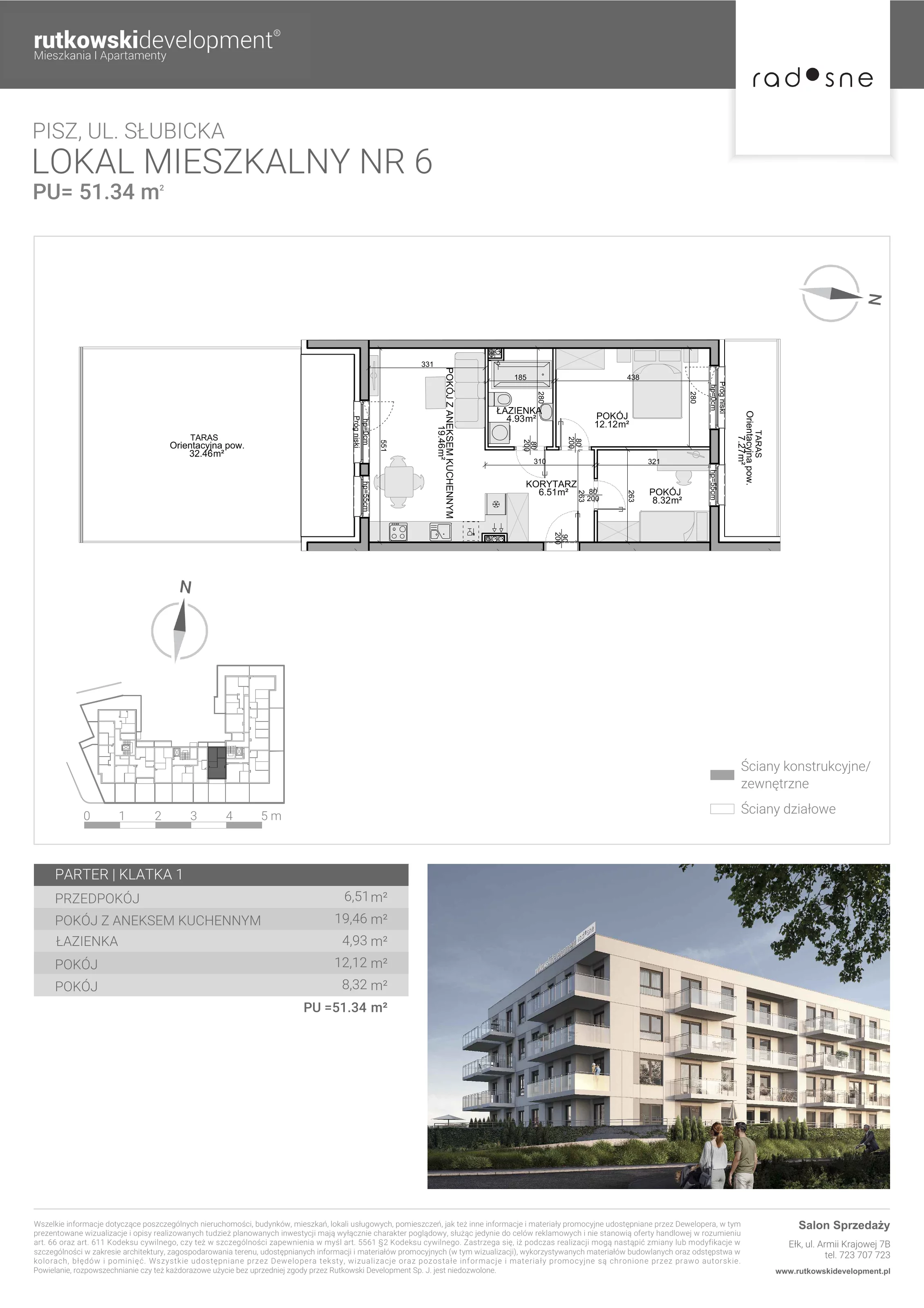 3 pokoje, mieszkanie 51,34 m², parter, oferta nr 6, Osiedle Radosne, Pisz, ul. Słubicka