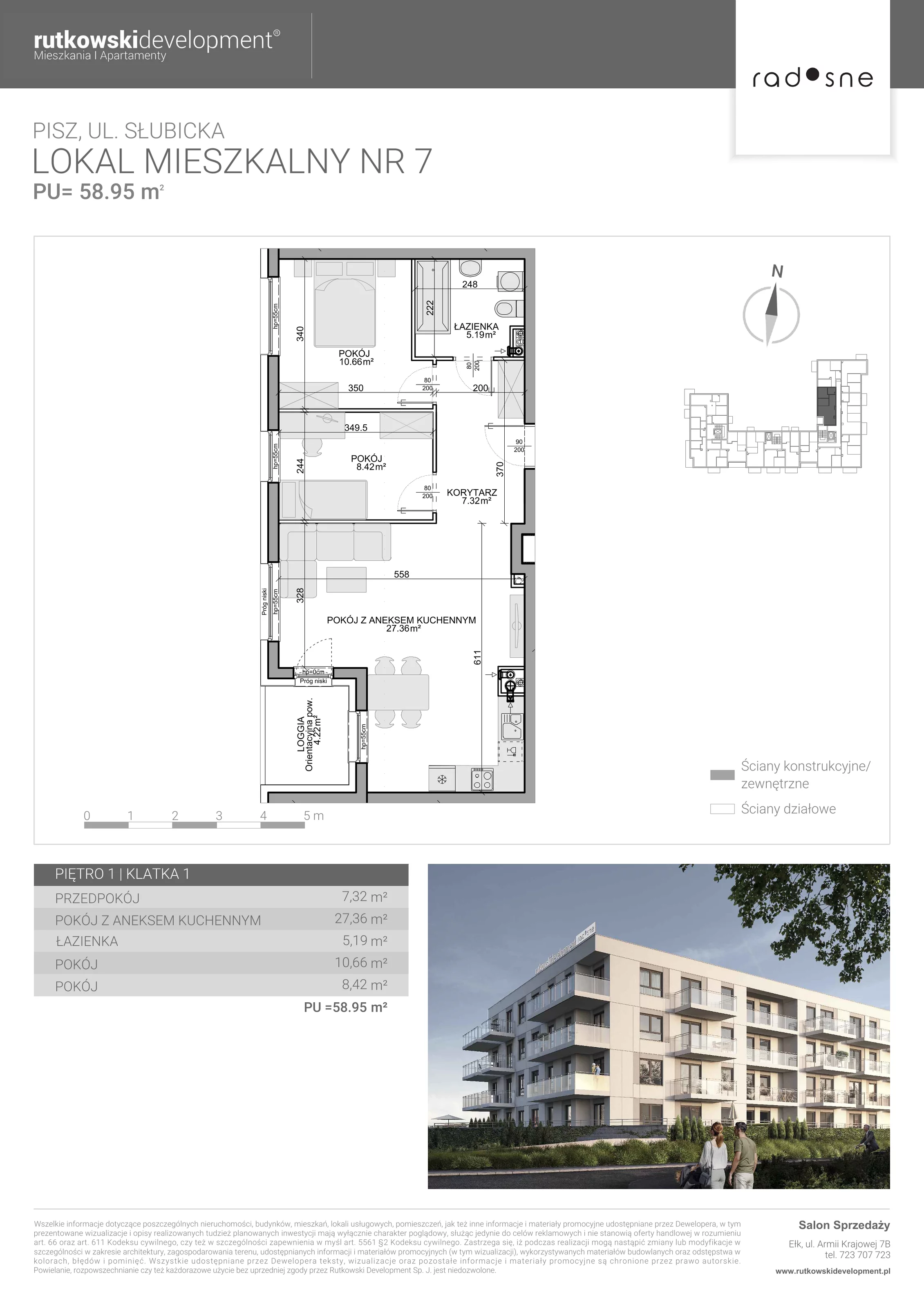 3 pokoje, mieszkanie 58,95 m², piętro 1, oferta nr 7, Osiedle Radosne, Pisz, ul. Słubicka