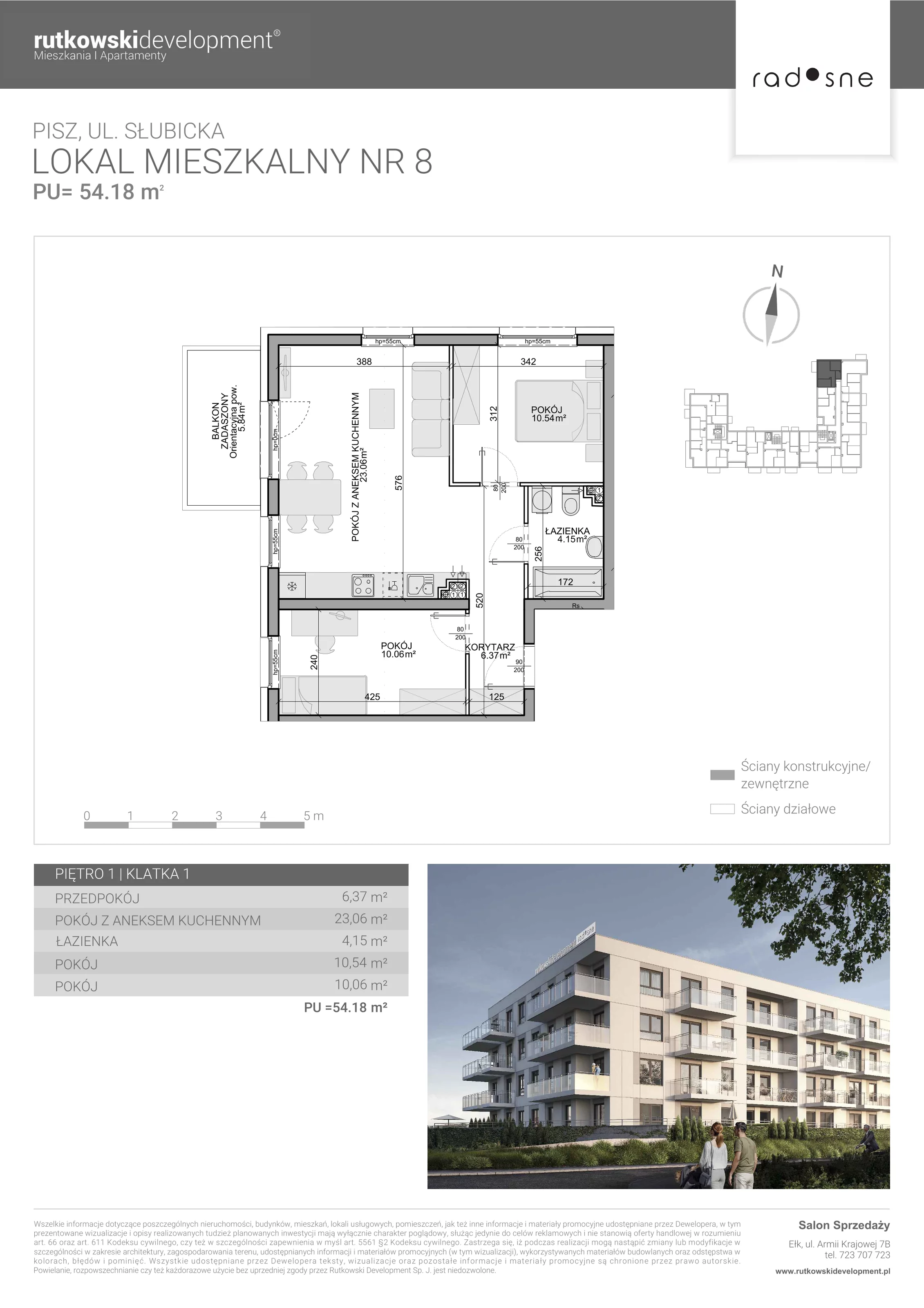 3 pokoje, mieszkanie 54,18 m², piętro 1, oferta nr 8, Osiedle Radosne, Pisz, ul. Słubicka
