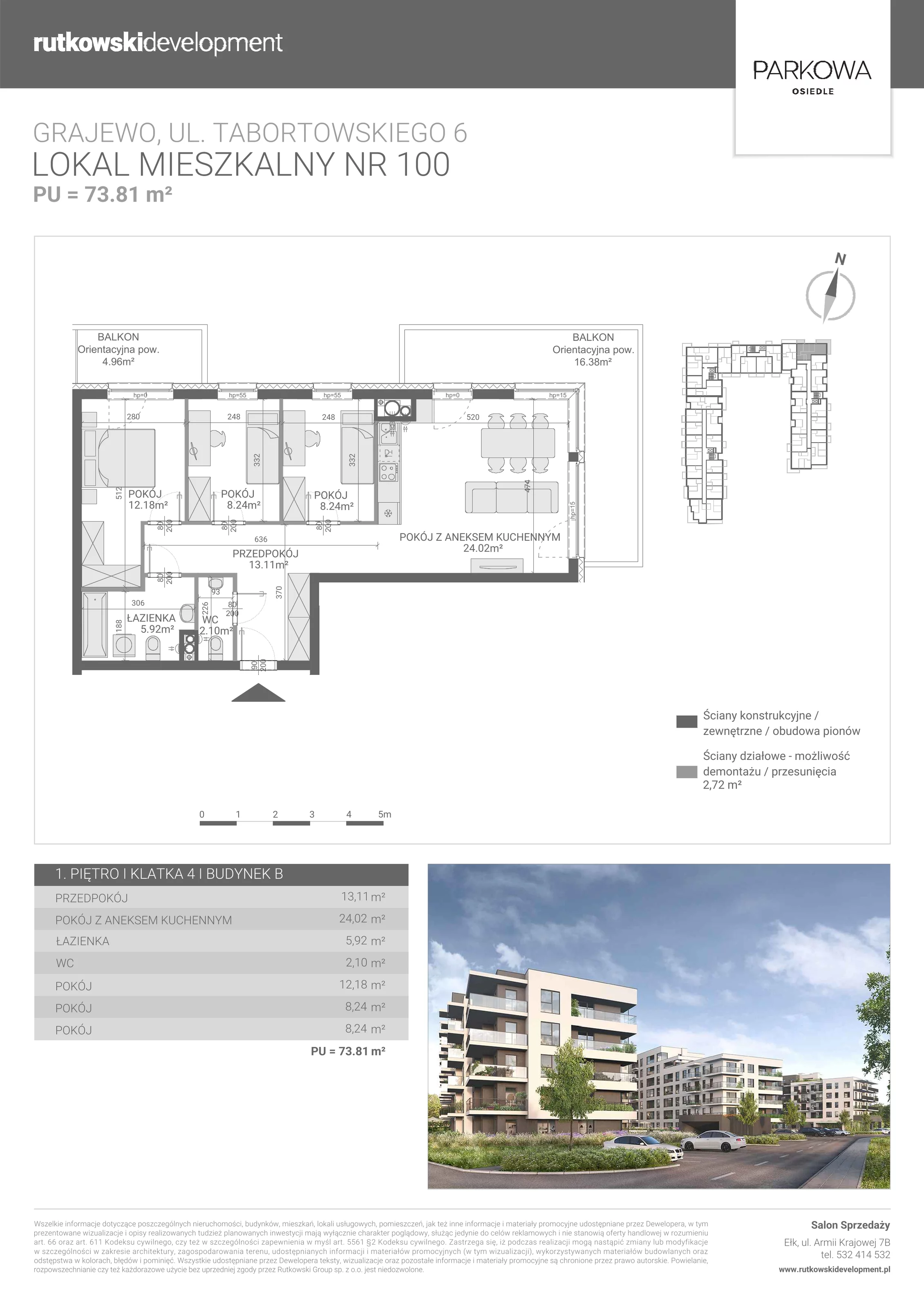 4 pokoje, mieszkanie 73,81 m², piętro 1, oferta nr M/100, Parkowa Osiedle, Grajewo, ul. mjr. Jana Tabortowskiego 6