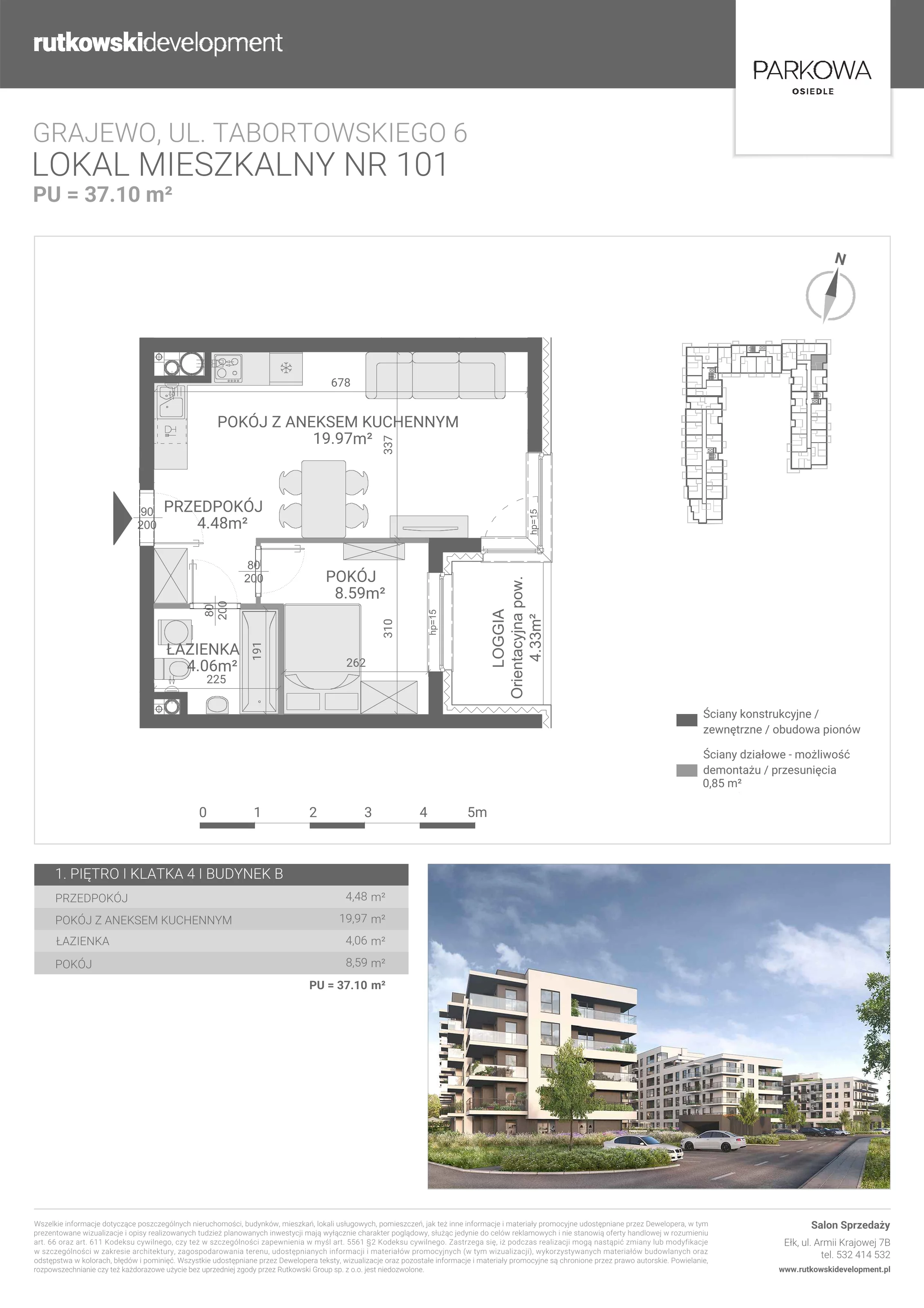 2 pokoje, mieszkanie 37,10 m², piętro 1, oferta nr M/101, Parkowa Osiedle, Grajewo, ul. mjr. Jana Tabortowskiego 6