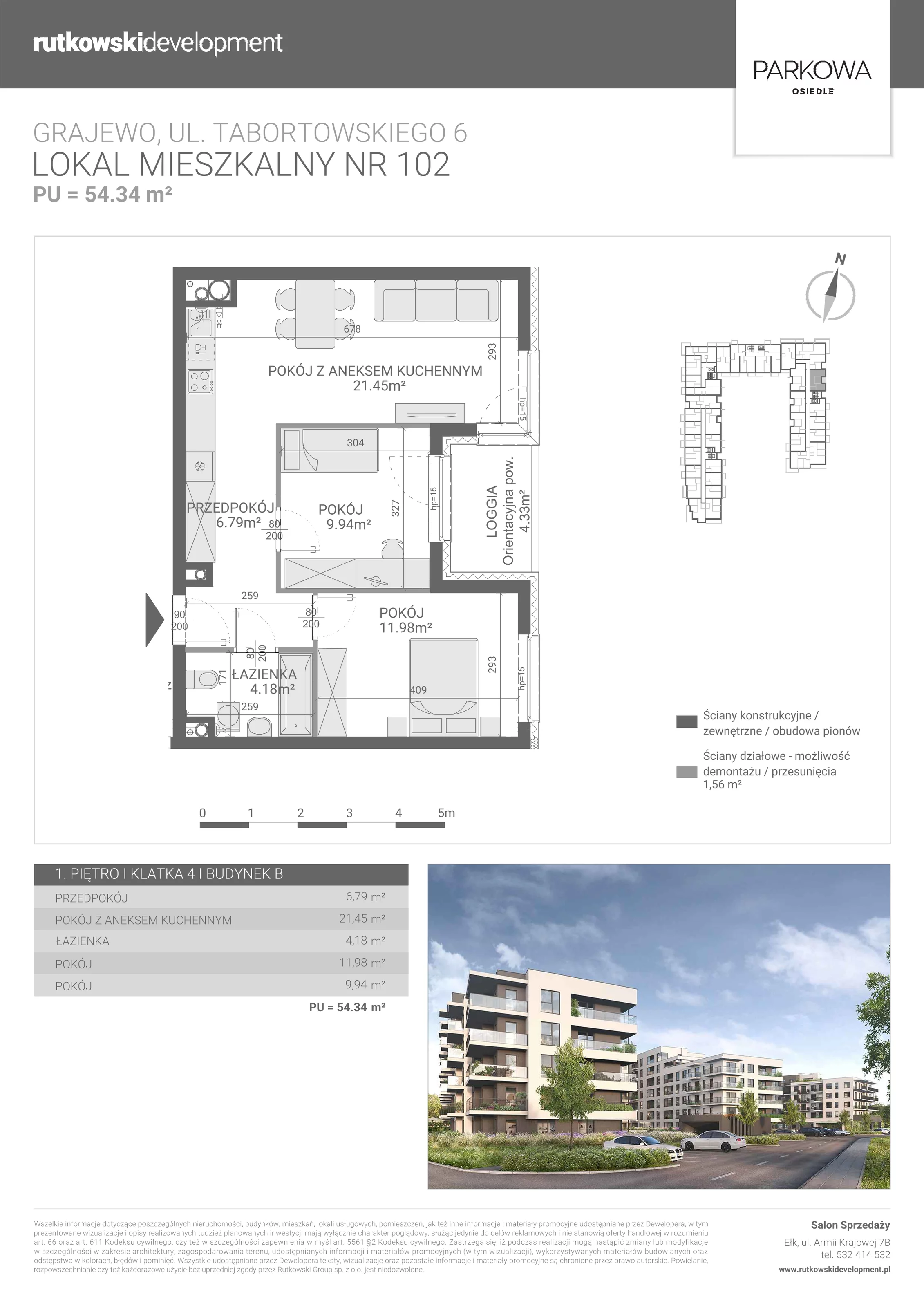3 pokoje, mieszkanie 54,34 m², piętro 1, oferta nr M/102, Parkowa Osiedle, Grajewo, ul. mjr. Jana Tabortowskiego 6