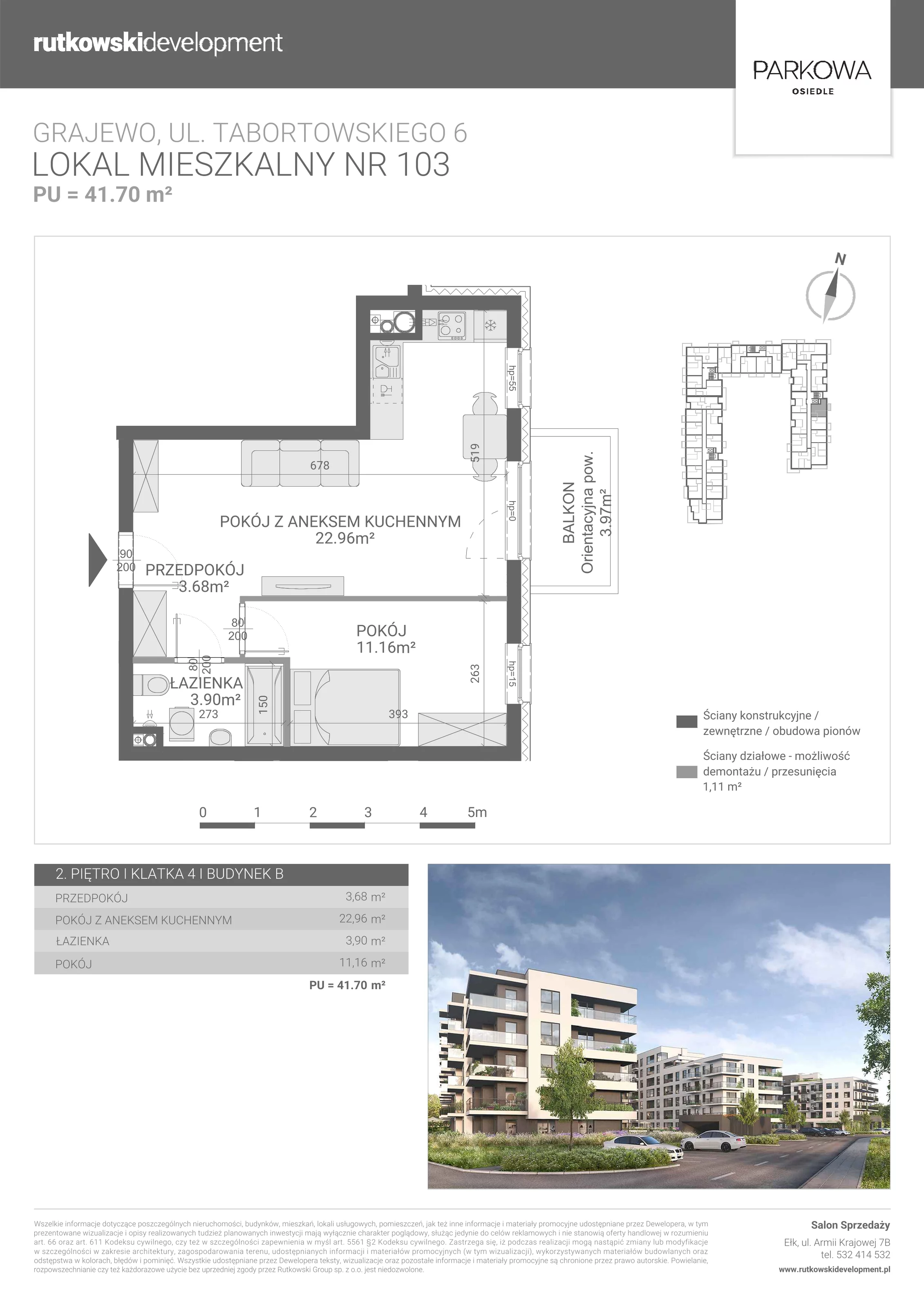 2 pokoje, mieszkanie 41,70 m², piętro 2, oferta nr M/103, Parkowa Osiedle, Grajewo, ul. mjr. Jana Tabortowskiego 6