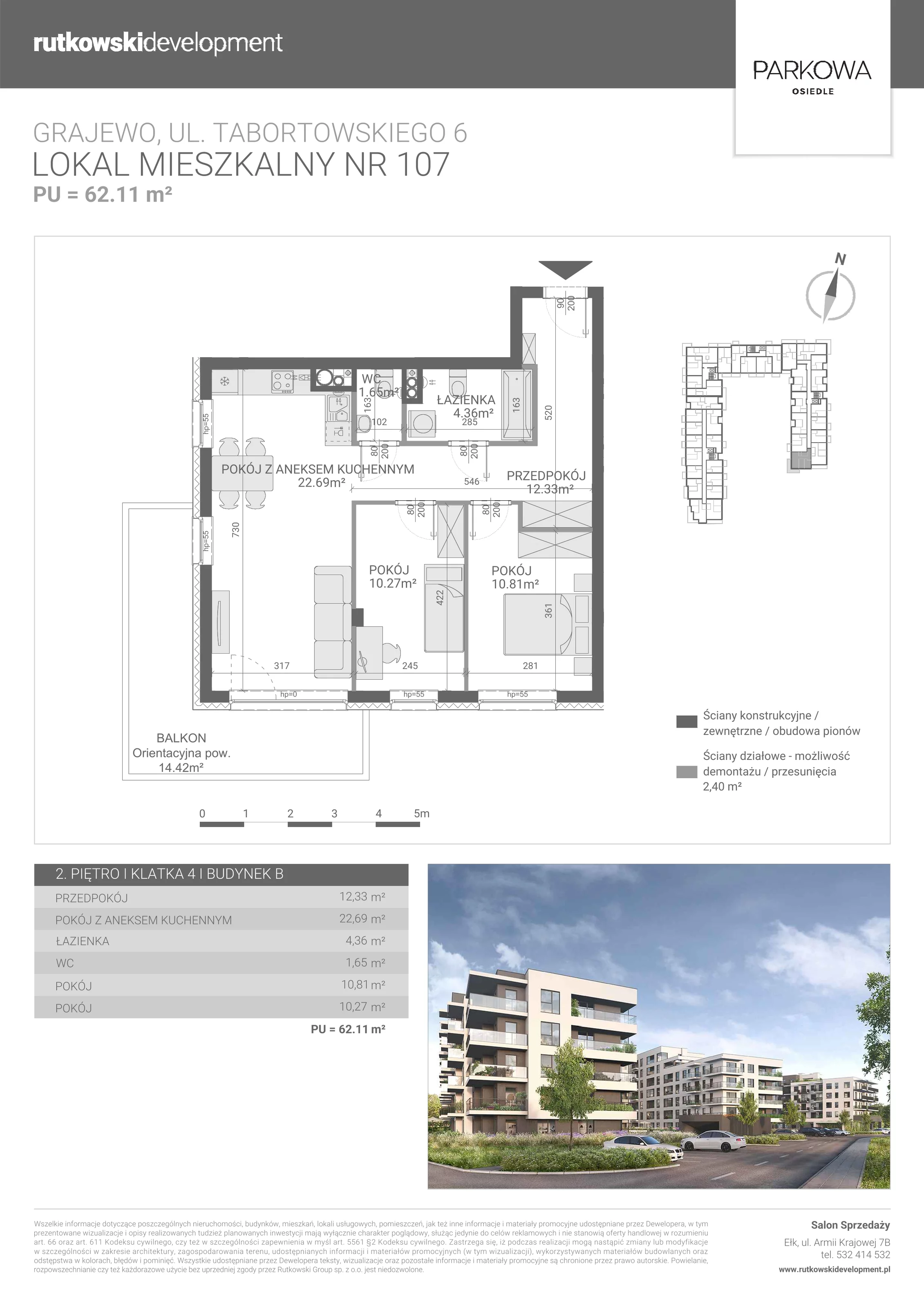 3 pokoje, mieszkanie 62,11 m², piętro 2, oferta nr M/107, Parkowa Osiedle, Grajewo, ul. mjr. Jana Tabortowskiego 6